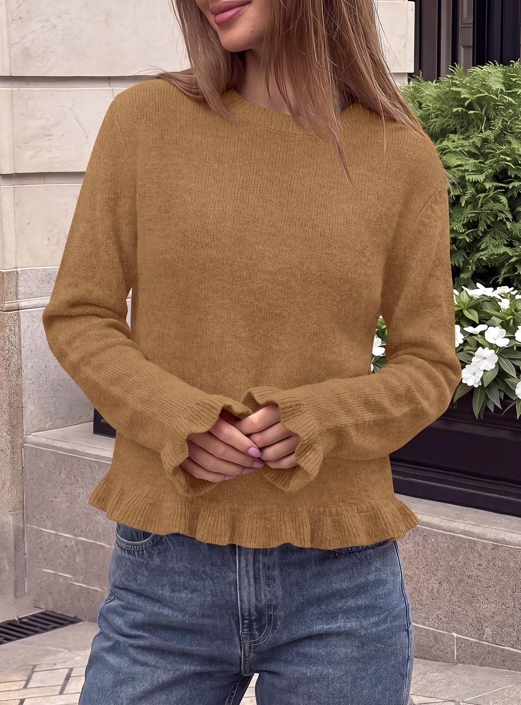 PRETTYGARDEN Women's Ruffle Sweaters Fall Fashion Cozy Knit Pullover Soft Stretchy, Crewneck Long Sleeve, Cute Peplum Tops, Dressy Casual Blouses, Going Out Holiday, Trendy Winter Outfits