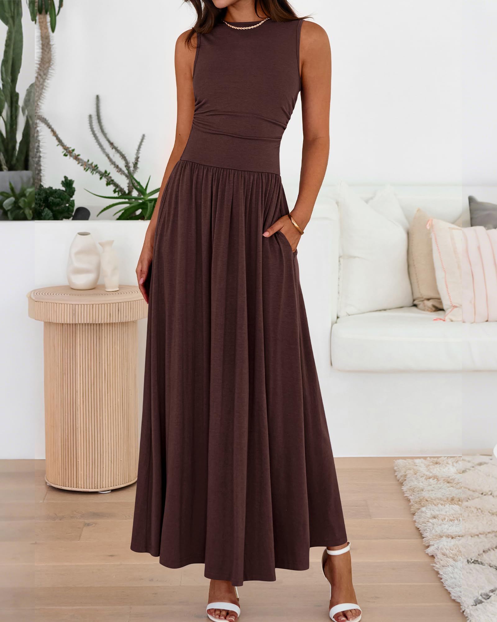 BTFBM Summer Maxi Dresses for Women Spring Sleeveless Casual Ruched High Waisted Long Sundress Flowy Beach Dress
