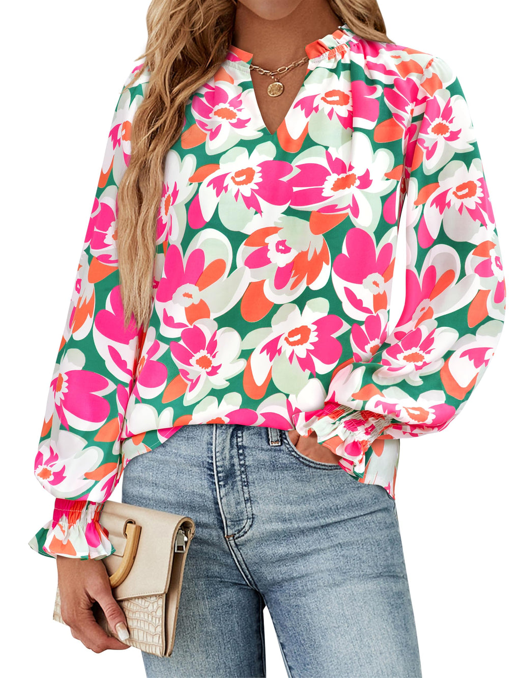 FreshPretty Womens V Neck Floral Long Sleeve Tops Summer Casual Loose Puff Sleeve Chiffon Boho Work Blouse Dressy T Shirts