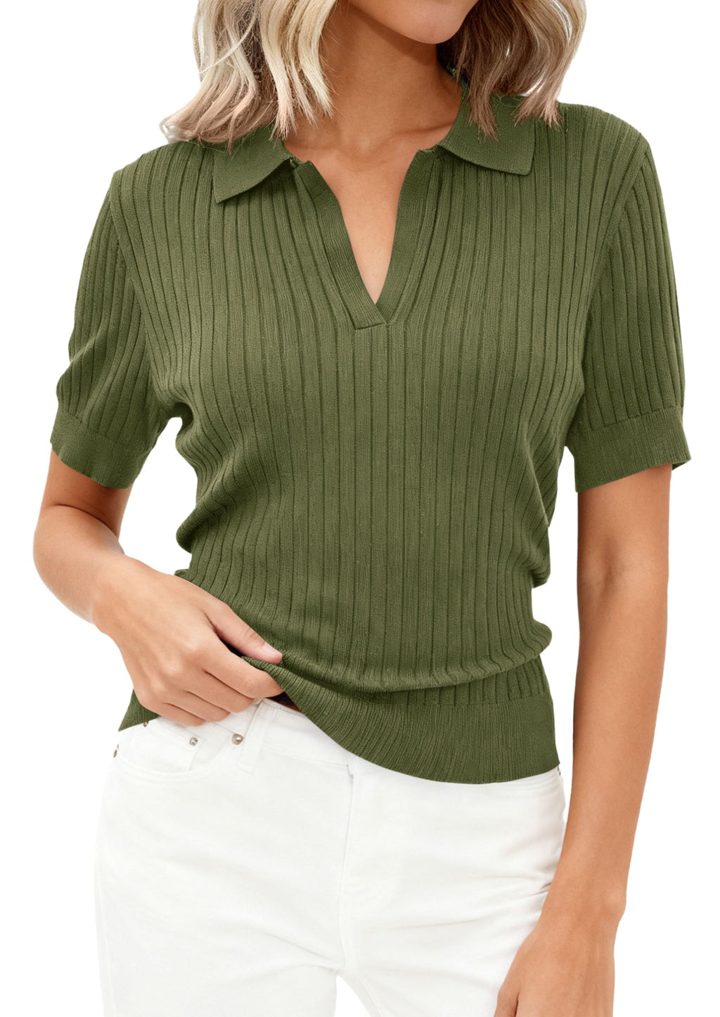 PRETTYGARDEN Women's Short Sleeve Sweater Spring Polo Shirts Ribbed Knit V Neck Business Casual Tops Summer Work Clothes