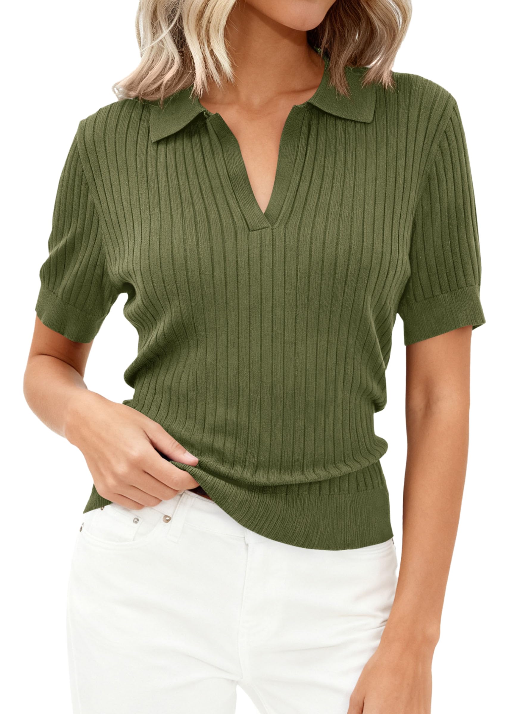 PRETTYGARDEN Women's Short Sleeve Sweater Spring Polo Shirts Ribbed Knit V Neck Business Casual Tops Summer Work Clothes