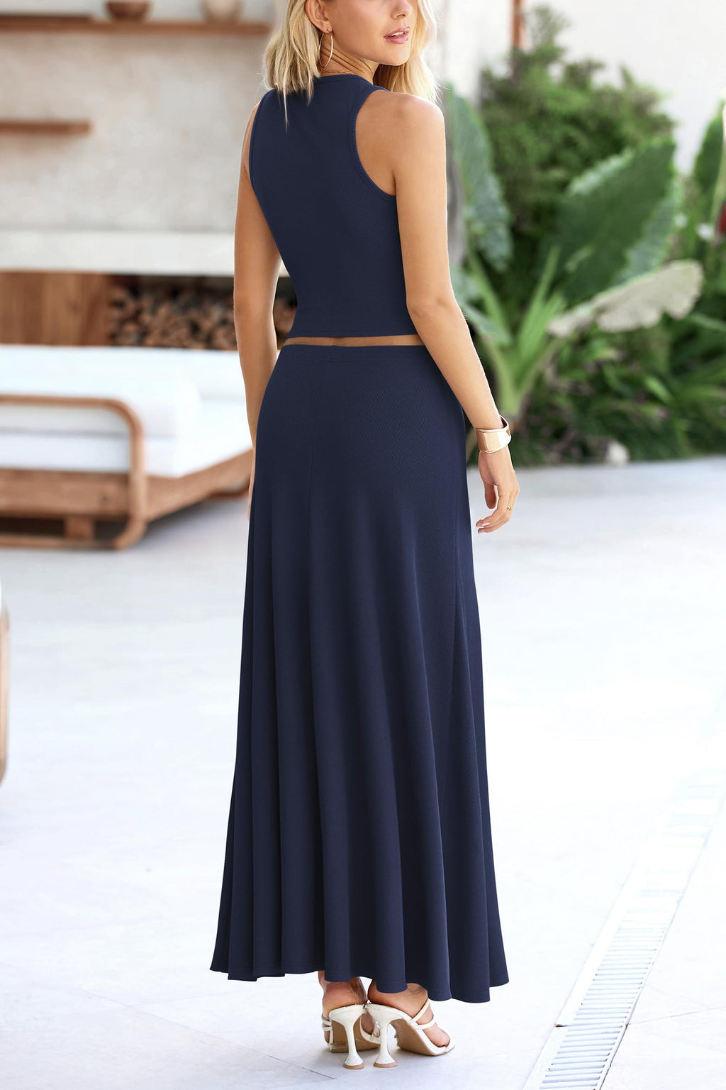 PRETTYGARDEN Women's 2 Piece Maxi Skirt Sets Casual Summer Knit Cropped Tank Top High Waisted Long Skirts Outfit