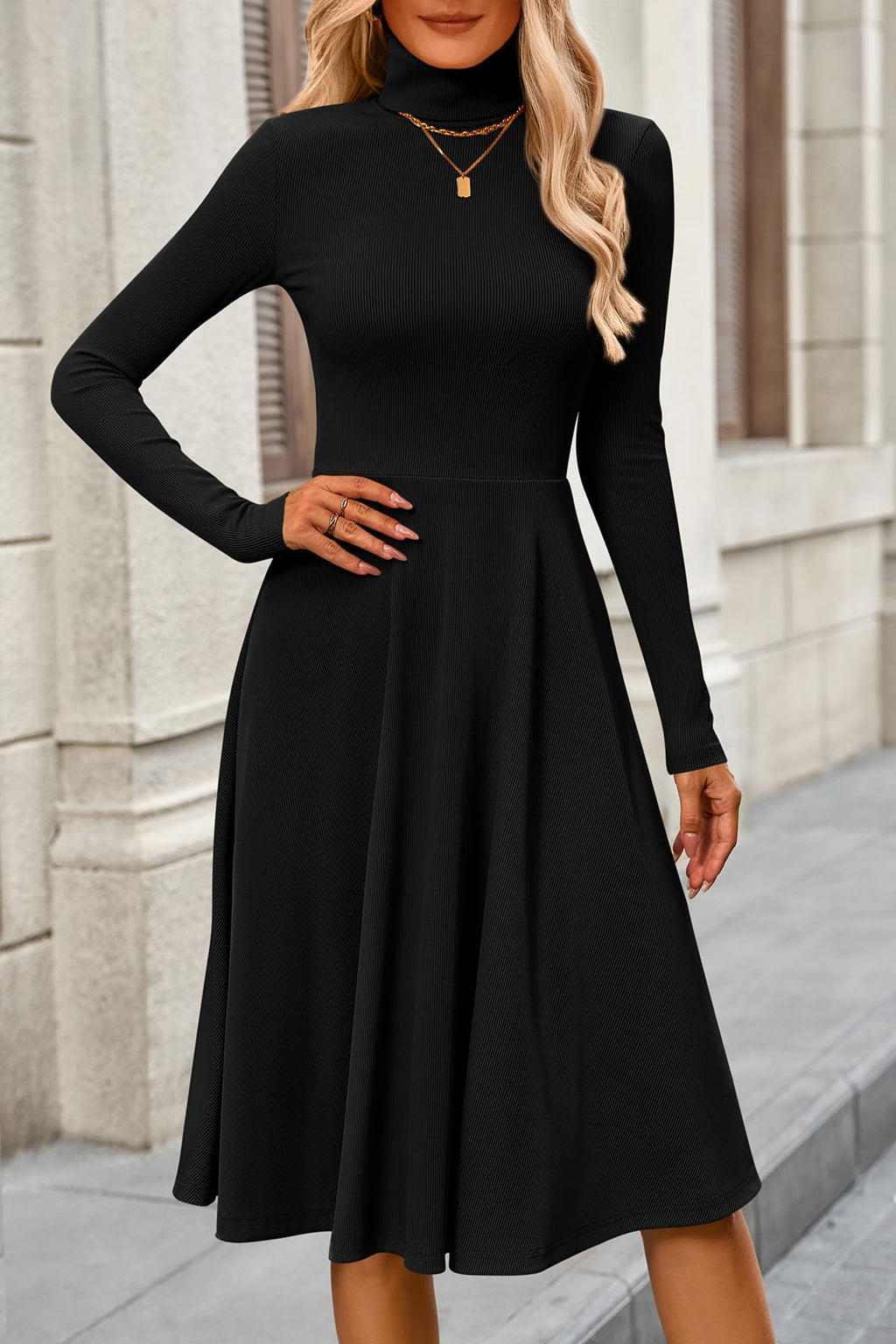FreshPretty Womens Long Sleeve Turtleneck Dress Midi A Line Fall Dresses,High Neck Dress,Fit and Flare Work Dresses,Lightweight Knit,Flowy Winter Dresses Wedding Guest,Cocktail,Church,Casual