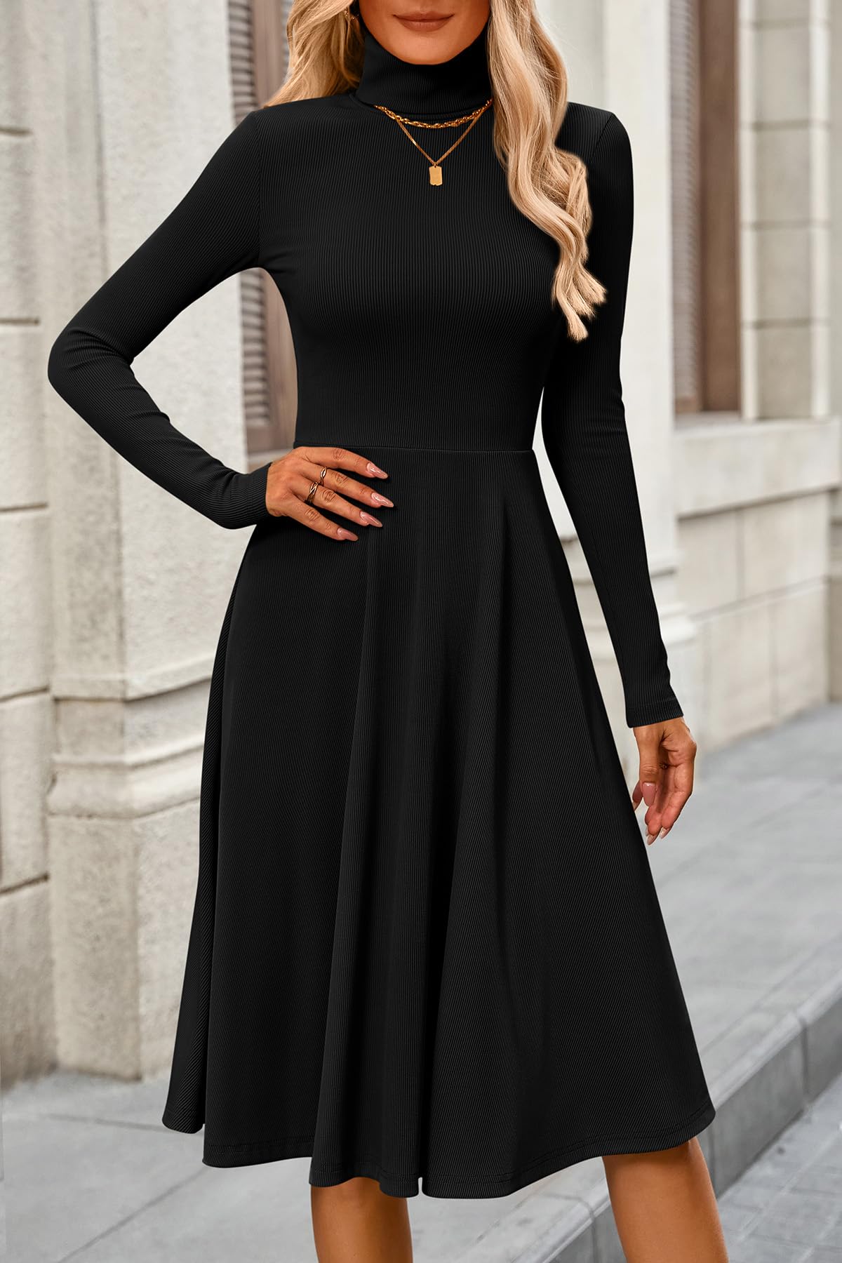FreshPretty Womens Long Sleeve Turtleneck Dress Midi A Line Fall Dresses,High Neck Dress,Fit and Flare Work Dresses,Lightweight Knit,Flowy Winter Dresses Wedding Guest,Cocktail,Church,Casual