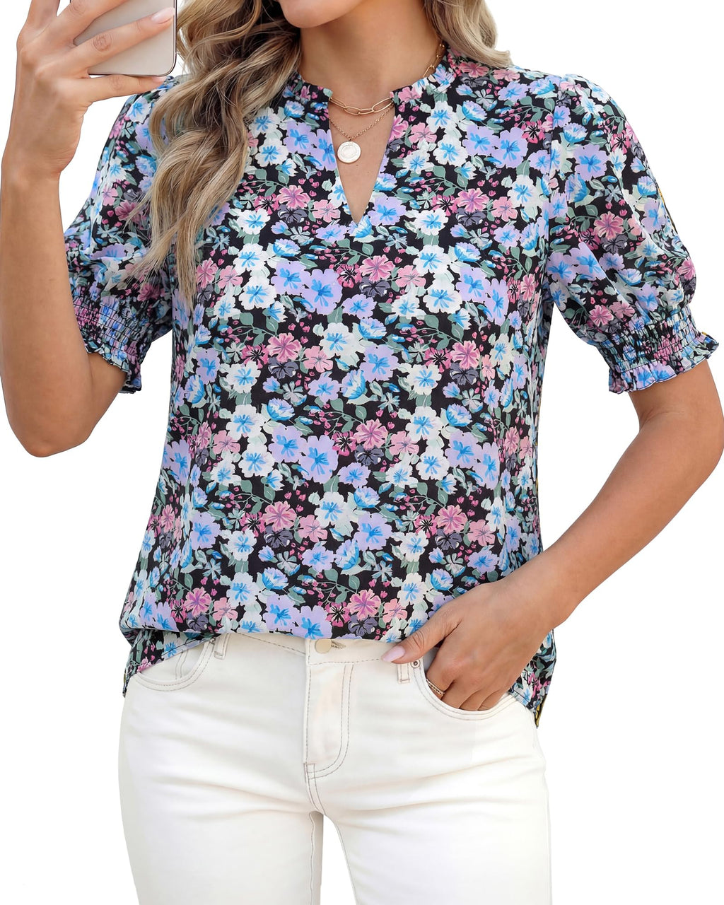 BTFBM Summer Blouses for Women Dressy Casual Fashion Spring Tops Floral Boho V Neck Puff Short Sleeve Top Shirts