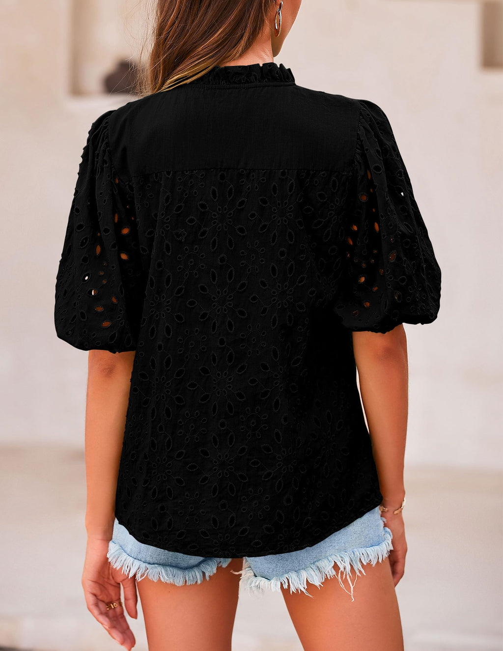 PRETTYGARDEN Women's Summer Tops Dressy Casual Short Sleeve V Neck Buttons Hollow Out Lace Embroidered Blouses Shirts