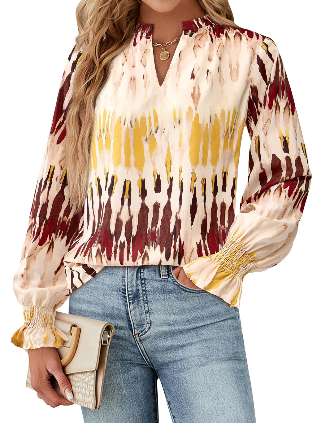 FreshPretty Womens V Neck Floral Long Sleeve Tops Summer Casual Loose Puff Sleeve Chiffon Boho Work Blouse Dressy T Shirts