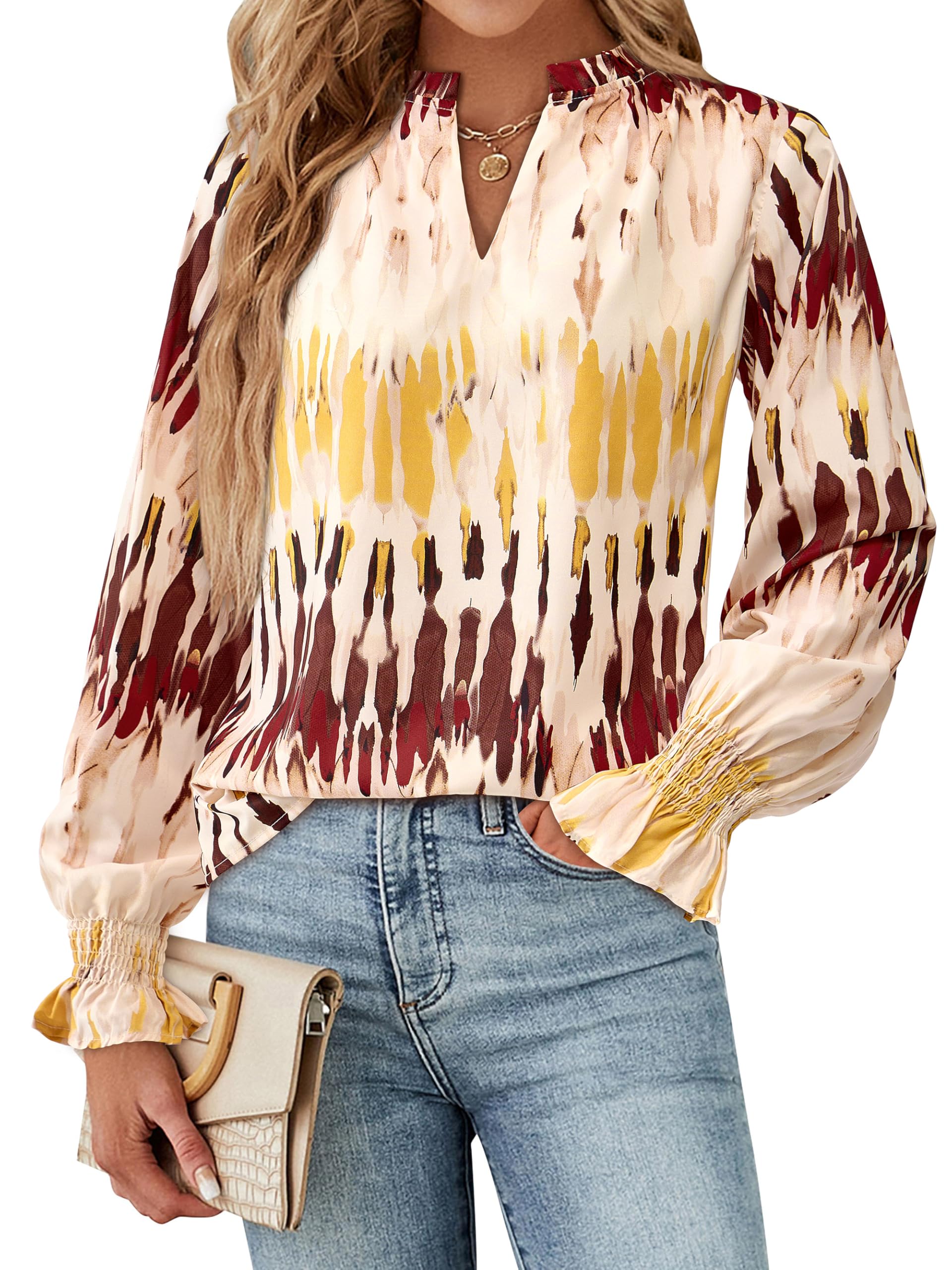 FreshPretty Womens V Neck Floral Long Sleeve Tops Summer Casual Loose Puff Sleeve Chiffon Boho Work Blouse Dressy T Shirts
