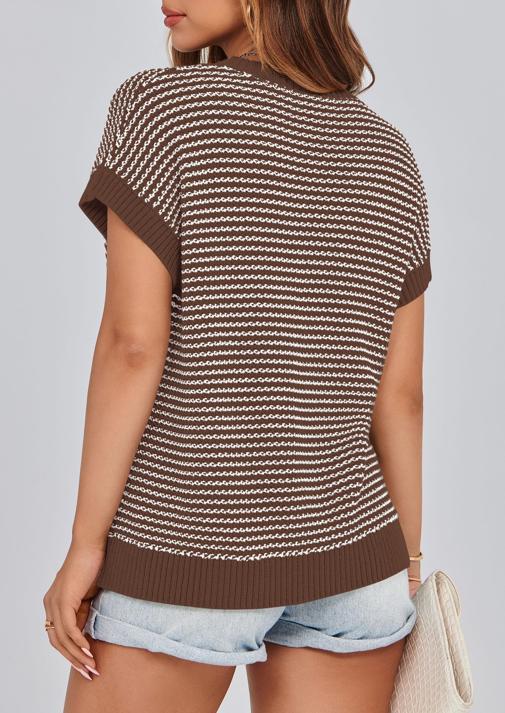 PRETTYGARDEN Womens Short Sleeve Sweater Spring Summer Round Neck Striped Pullover Cap Sleeve Knit Sweater Vest Tops