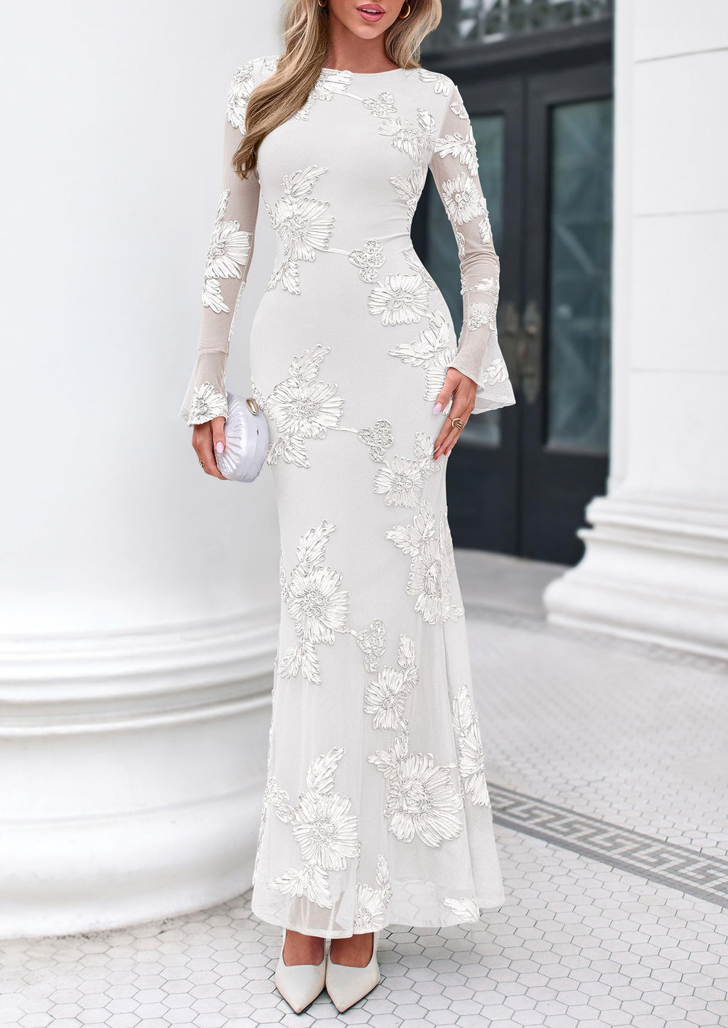 PRETTYGARDEN Women's Formal Floral Maxi Bodycon Dresses Ruffle Long Sleeve, Fall Winter Outfits 2026 for Wedding Guest, Homecoming & Cocktail, Slimming Mesh Dress with Lining