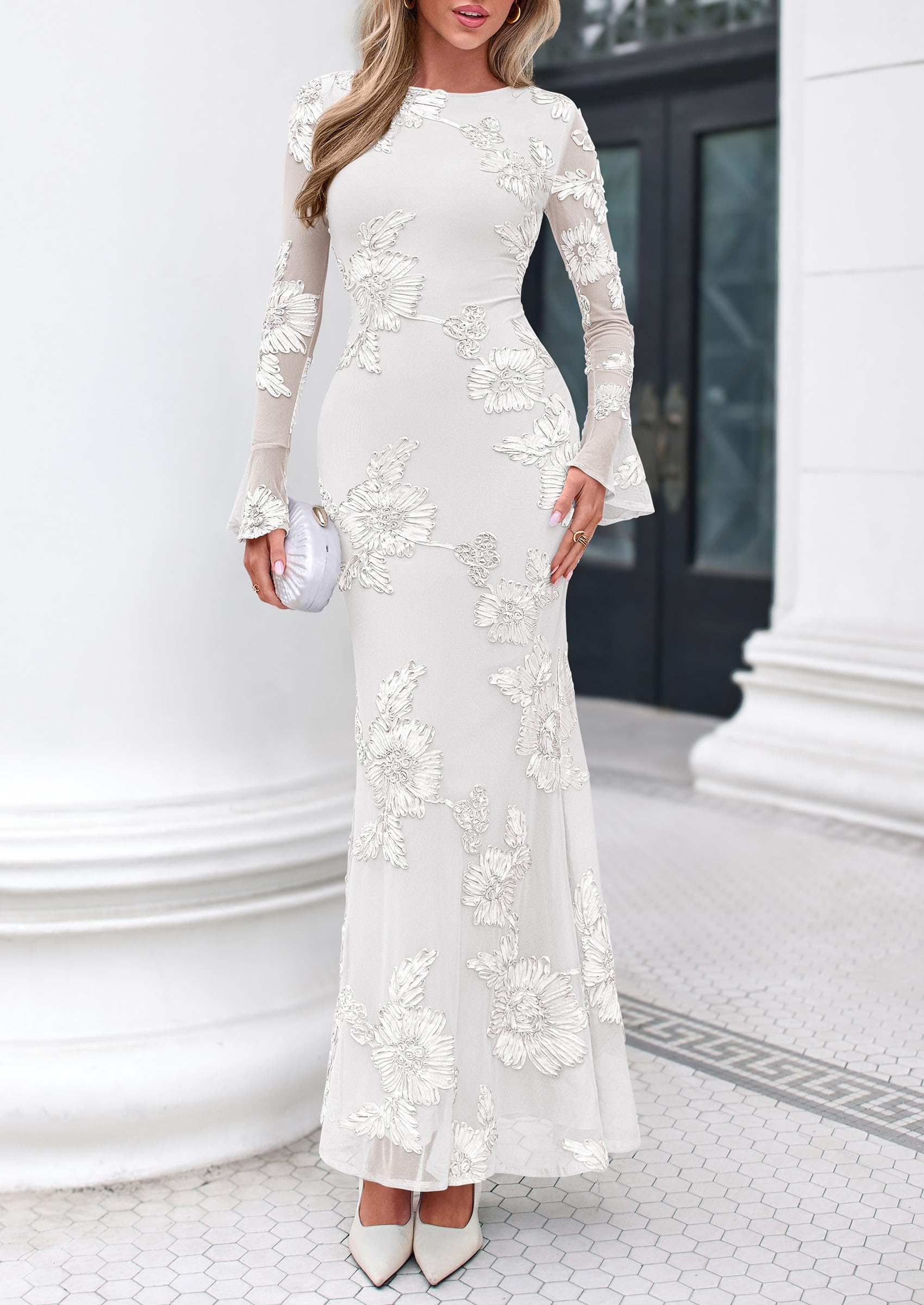PRETTYGARDEN Women's Formal Floral Maxi Bodycon Dresses Ruffle Long Sleeve, Fall Winter Outfits 2026 for Wedding Guest, Homecoming & Cocktail, Slimming Mesh Dress with Lining