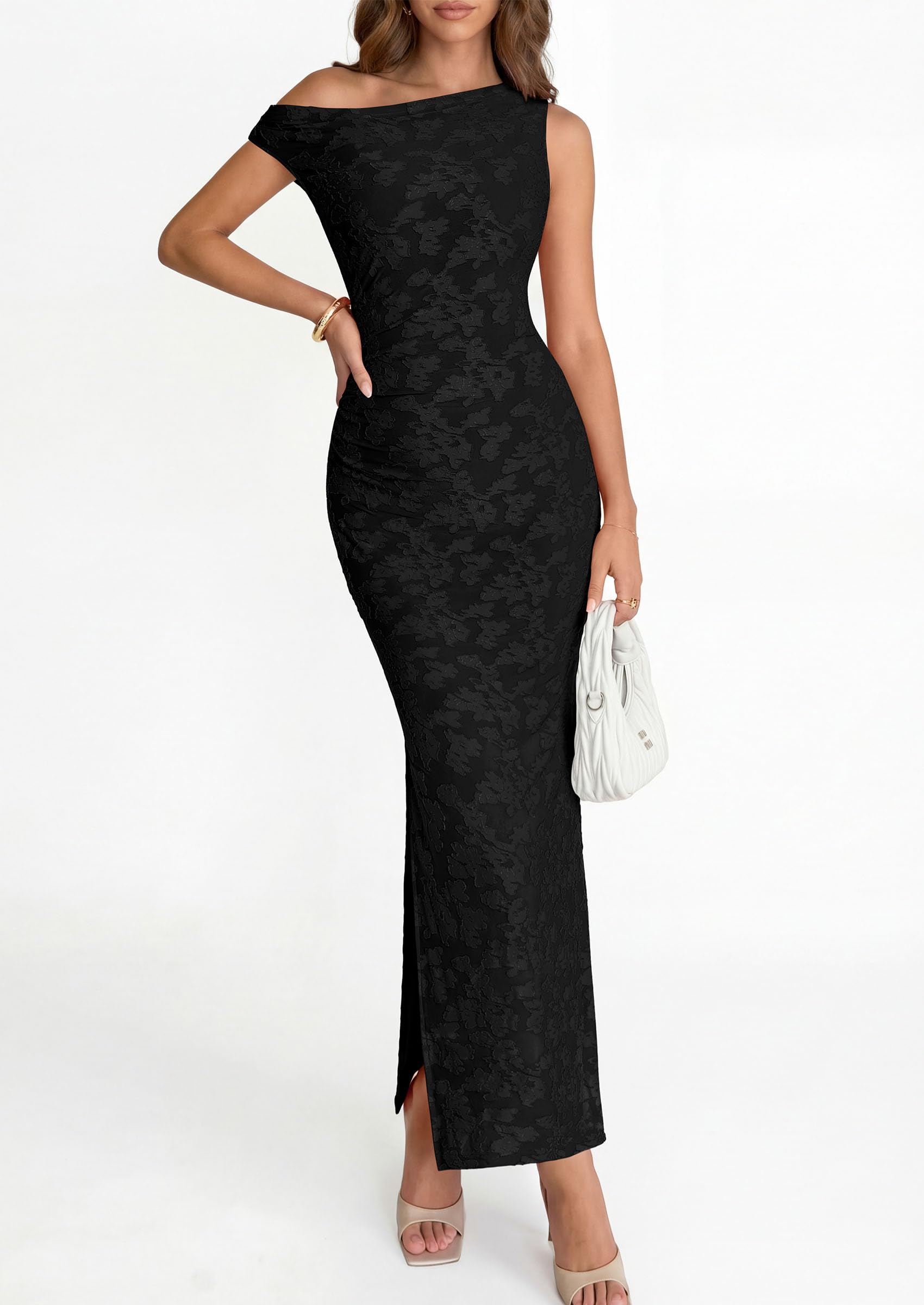 PRETTYGARDEN Womens Floral One Shoulder Maxi Dress Summer Spring Bodycon Ruched Side Slit Elegant Cocktail Party Dresses