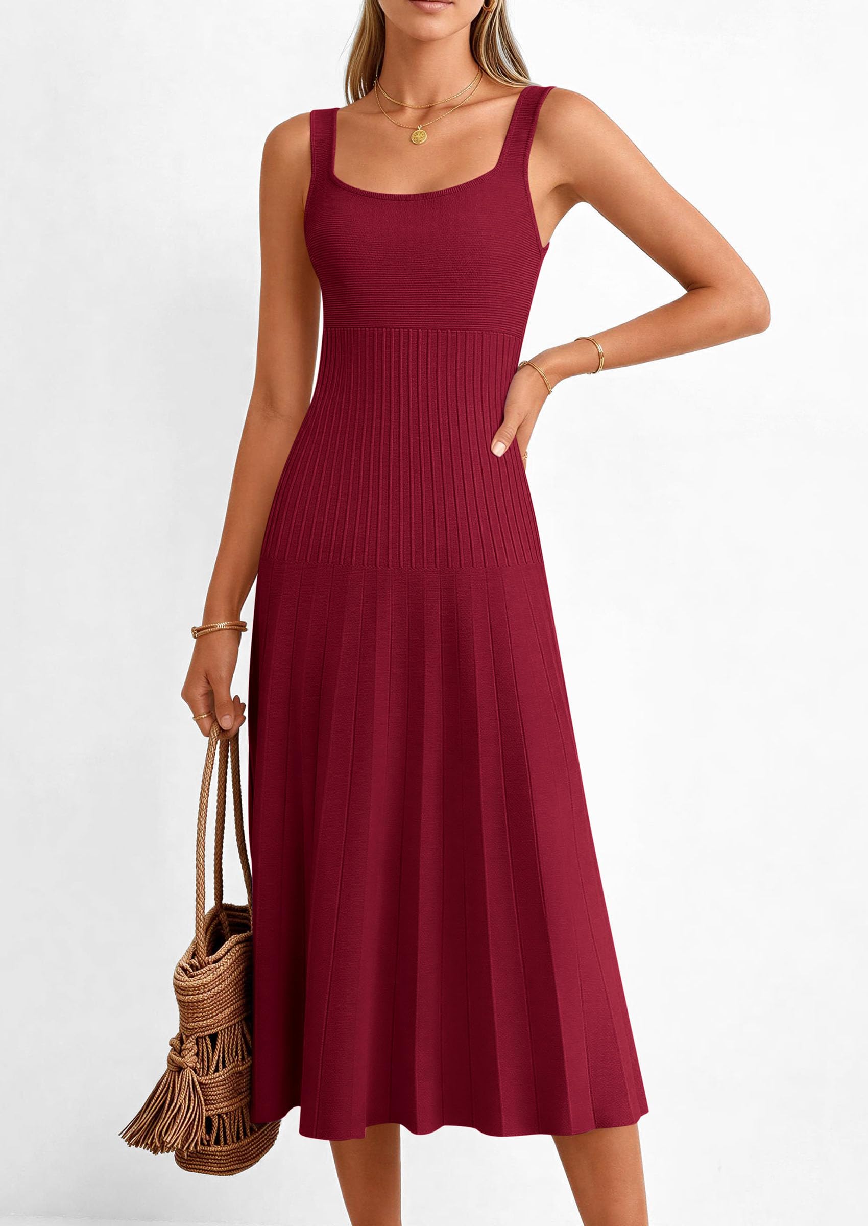 PRETTYGARDEN Spring Dresses for Women Summer Casual Sleeveless Square Neck A Line Knit Pleated Midi Cocktail Party Dress