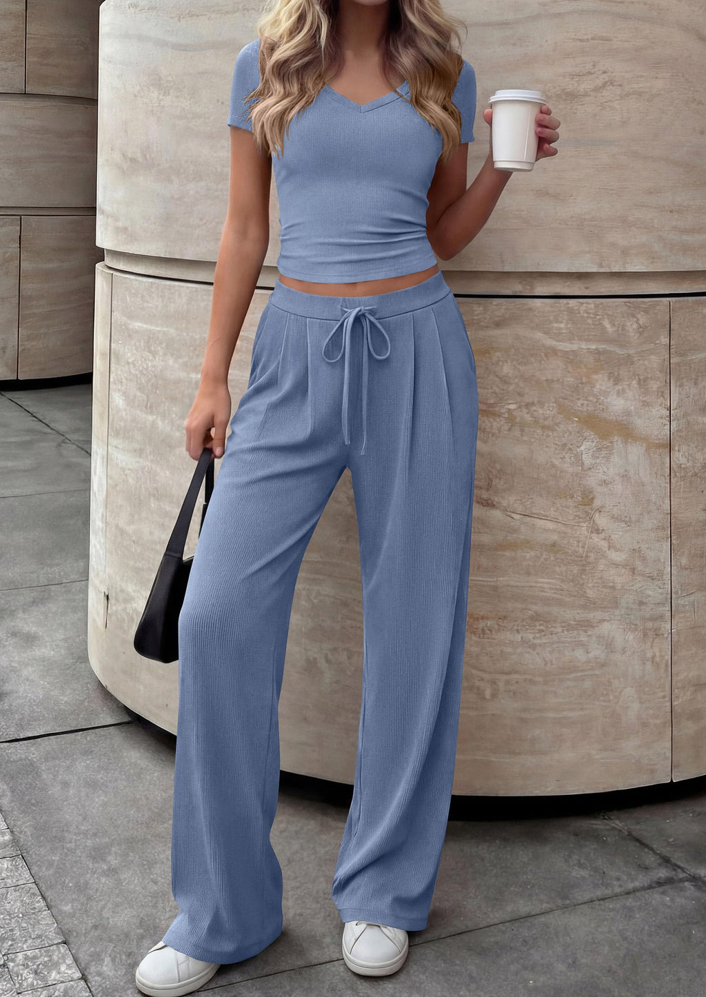 PRETTYGARDEN 2 Piece Sets for Women Summer Spring Lounge Set Matching V Neck Tops Wide Leg Pants Airport Travel Outfits