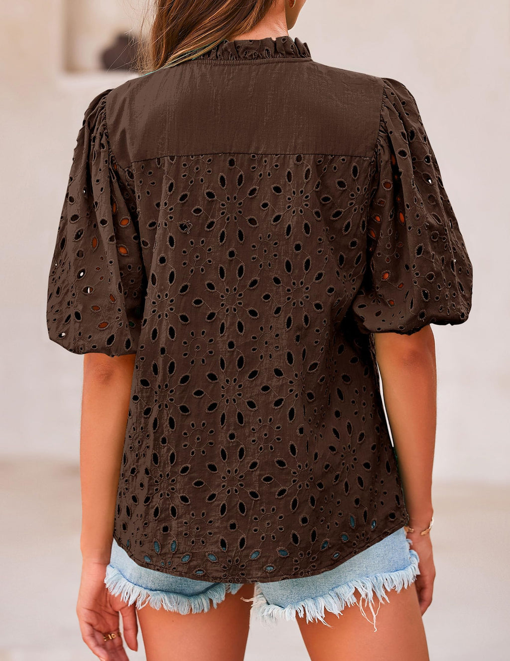 PRETTYGARDEN Women's Summer Tops Dressy Casual Short Sleeve V Neck Buttons Hollow Out Lace Embroidered Blouses Shirts