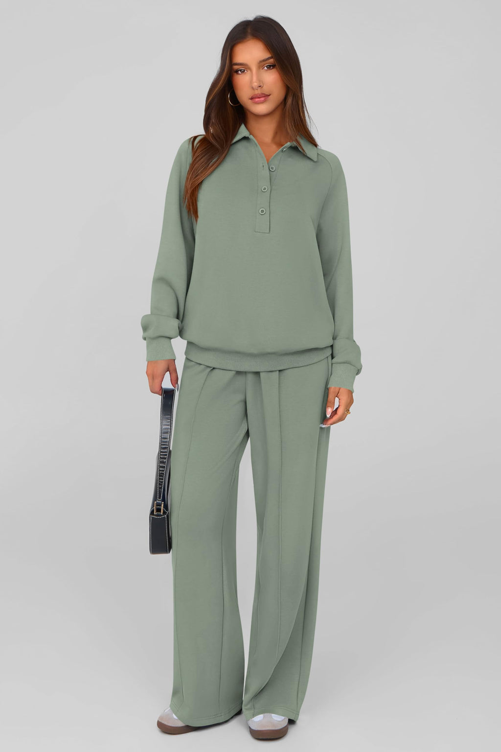 PRETTYGARDEN Women Fall 2 Piece Outfits Sweatsuits Lounge Sets Quarter Button Long Sleeve Sweatshirt, Wide Leg Sweat Pants, Casual 2 Piece Sets Tracksuit, Airport Travel Outfits for Women