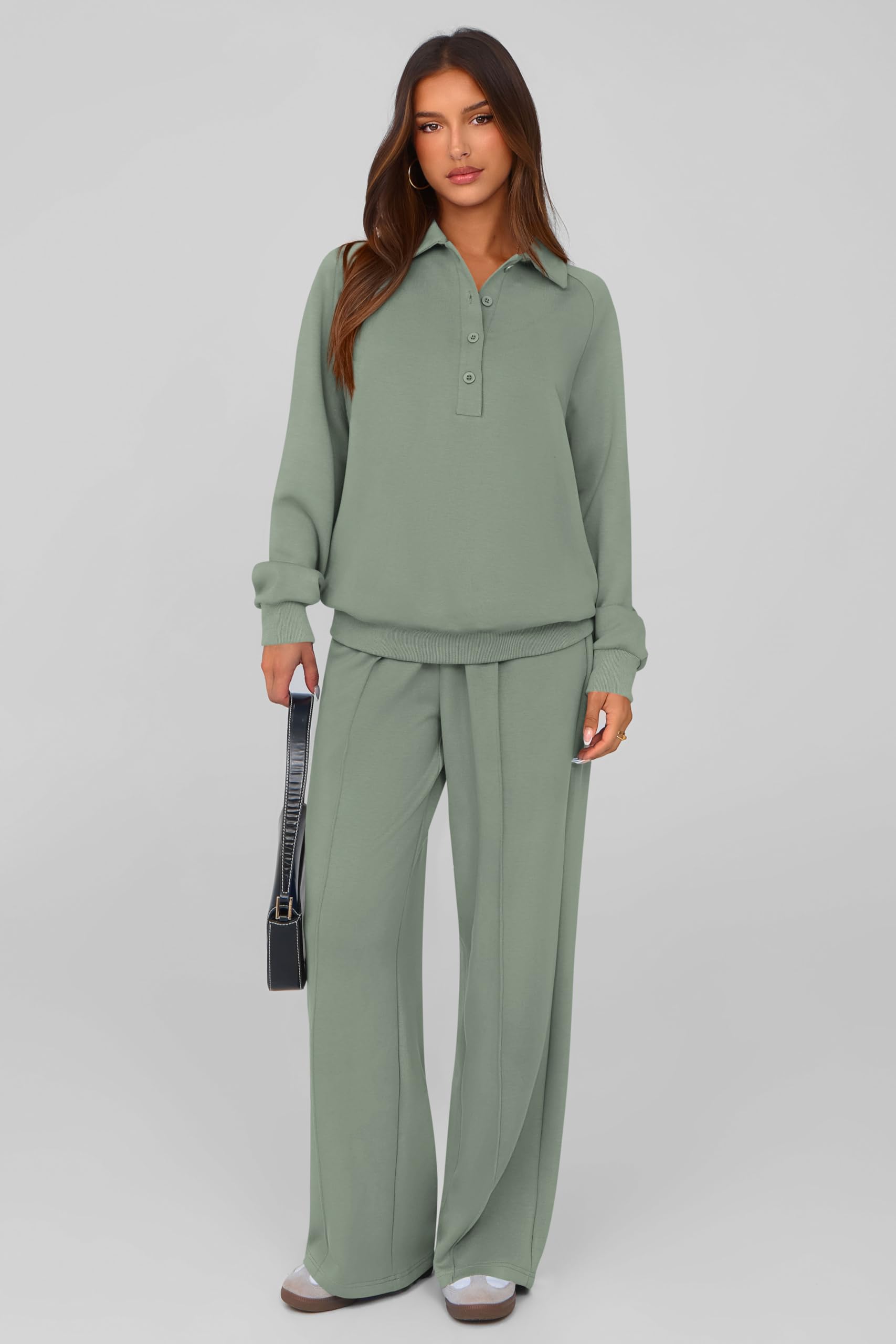 PRETTYGARDEN Women Fall 2 Piece Outfits Sweatsuits Lounge Sets Quarter Button Long Sleeve Sweatshirt, Wide Leg Sweat Pants, Casual 2 Piece Sets Tracksuit, Airport Travel Outfits for Women