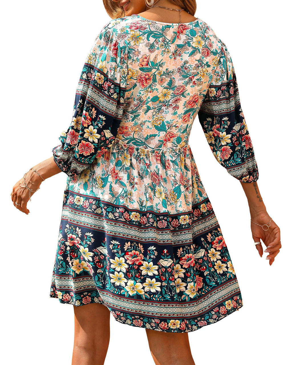 BTFBM Women Casual Spring Summer Dresses V Neck 3/4 Long Sleeve Ruffle Floral Flowy Boho Babydoll Mini Short Beach Dress