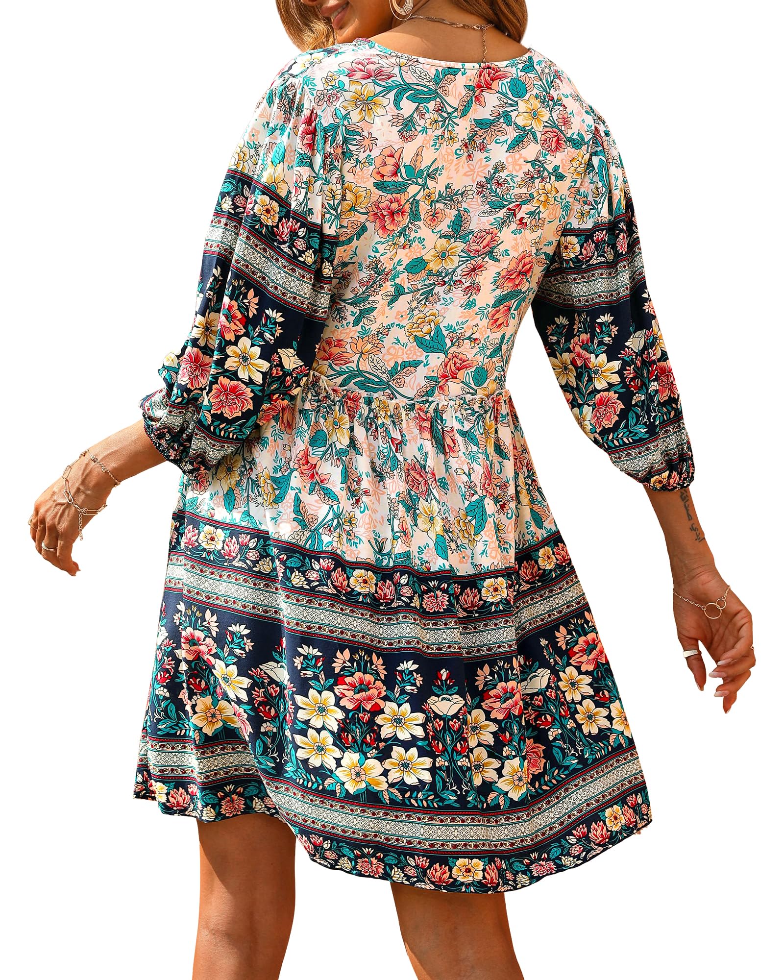 BTFBM Women Casual Spring Summer Dresses V Neck 3/4 Long Sleeve Ruffle Floral Flowy Boho Babydoll Mini Short Beach Dress