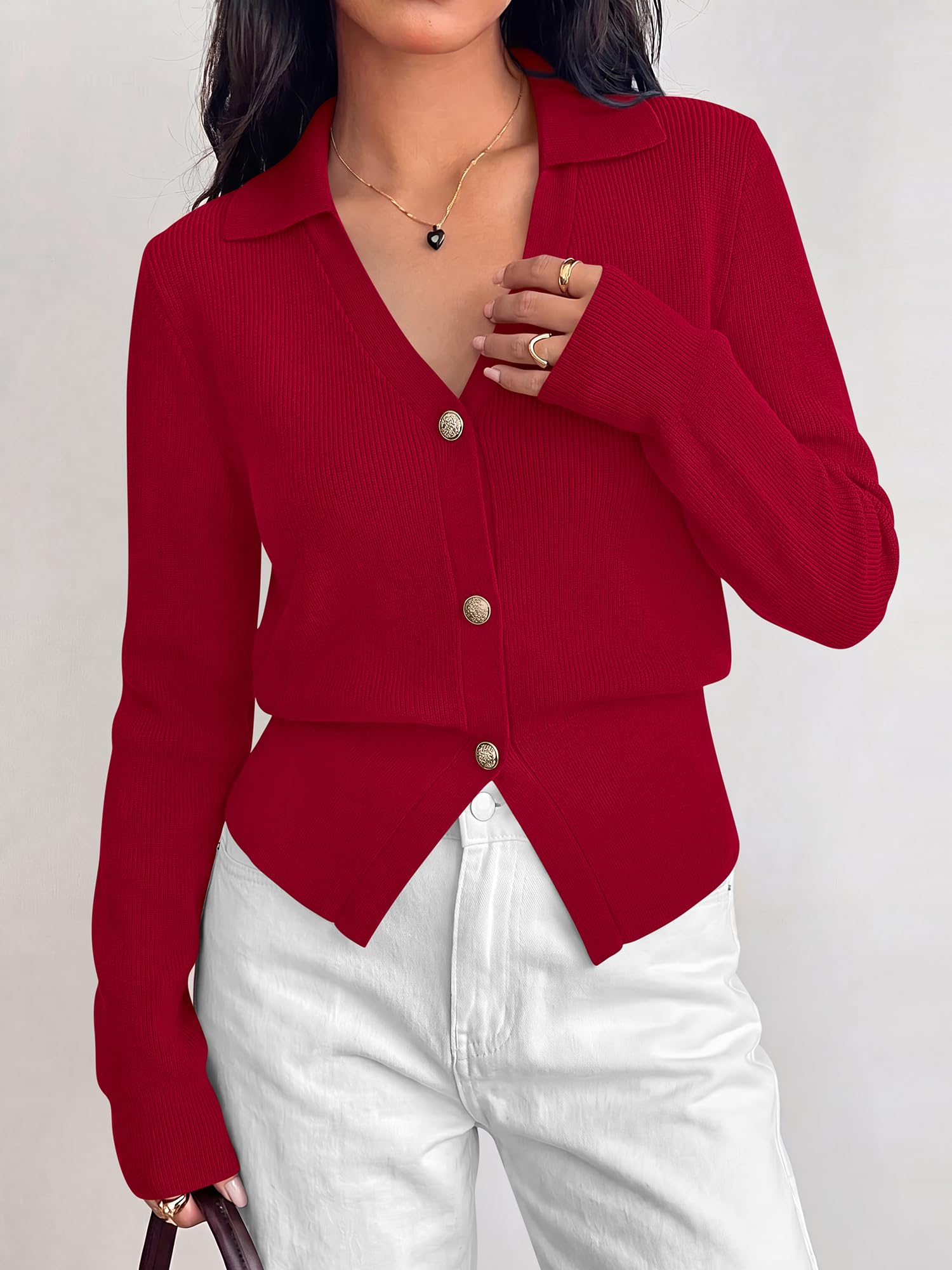 BTFBM Women Long Sleeve Lightweight Cardigans Knitted Button Down Shirts Lapel V Neck, Cropped Sweaters, Slim Fit, Ribbed, Y2K Going Out Tops, Business Casual Outfits, Spring, Fall, Winter Layering