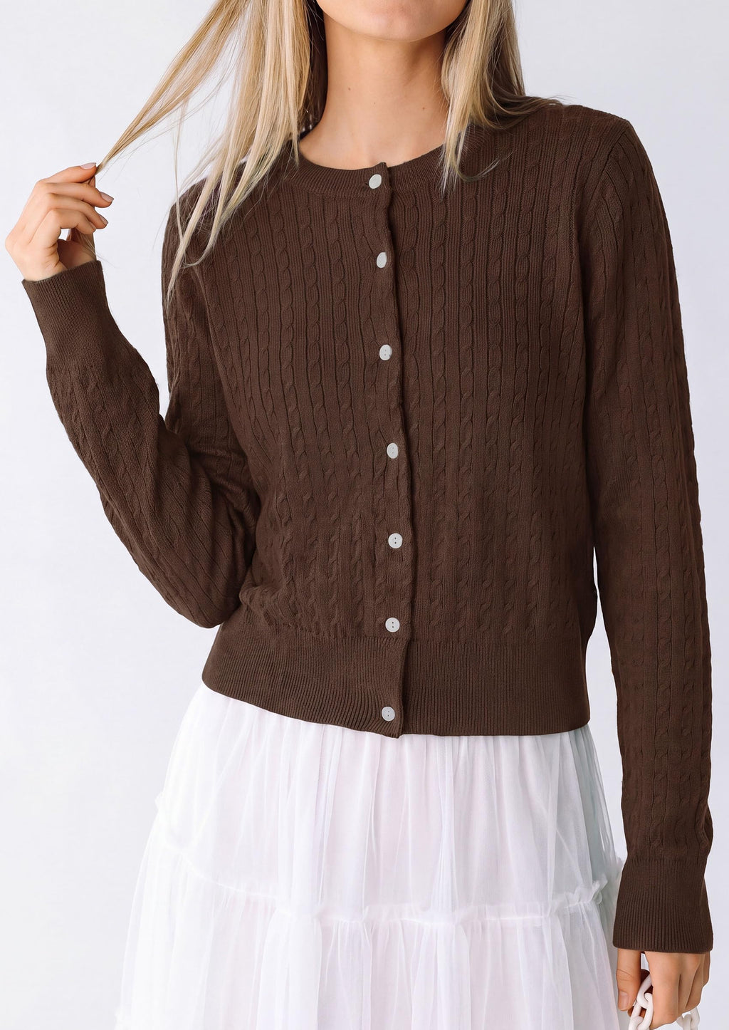 PRETTYGARDEN Women Lightweight Button Up Cardigan Sweaters | Soft Stretchy, Cozy Cable Knit, Long Sleeve Crew Neck, Trendy Cardigans, Cute Casual Outfits, Early Fall Fashion Clothing