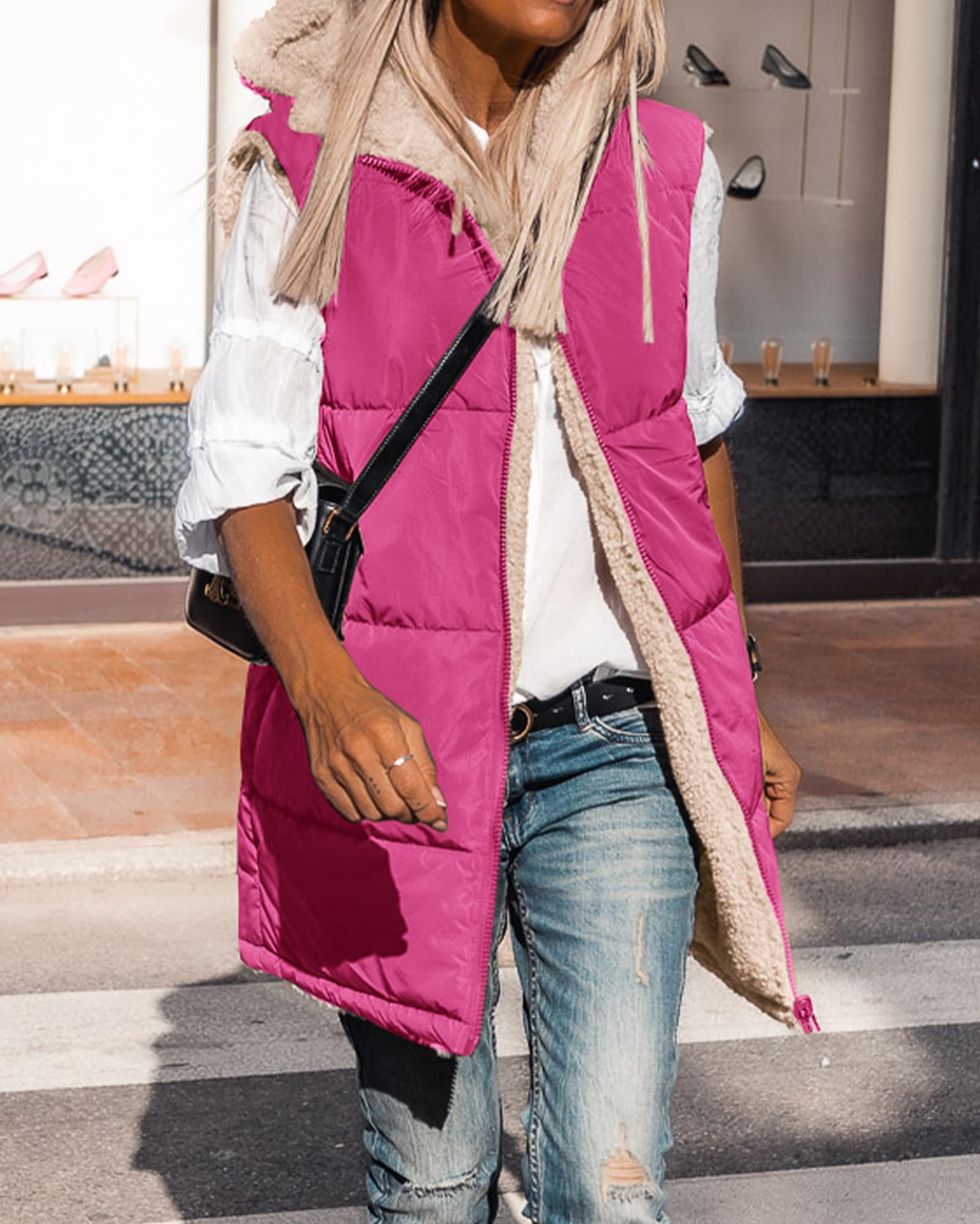 BTFBM Long Puffer Vest Women Fleece Sherpa Jacket Sleeveless Hooded Reversible Zip Up Winter Coat Fall Vests Outerwear