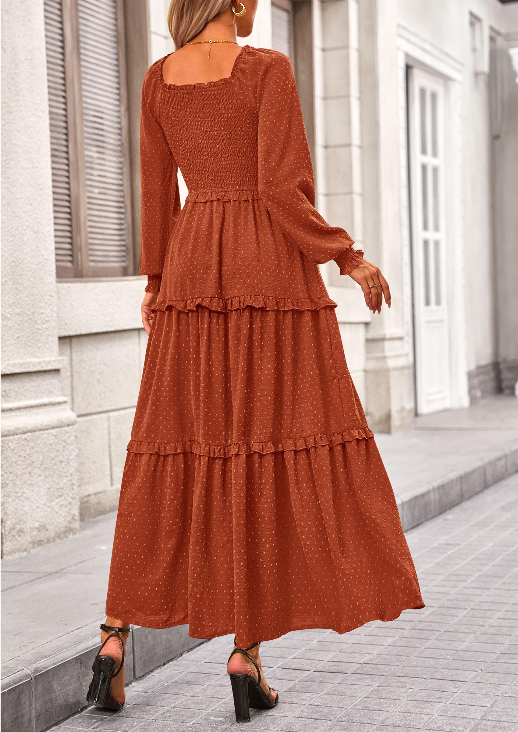 PRETTYGARDEN Fall Dresses for Women Long Sleeve Smocked Square Neck Swiss Dot Tiered Flowy Wedding Guest Maxi Dress