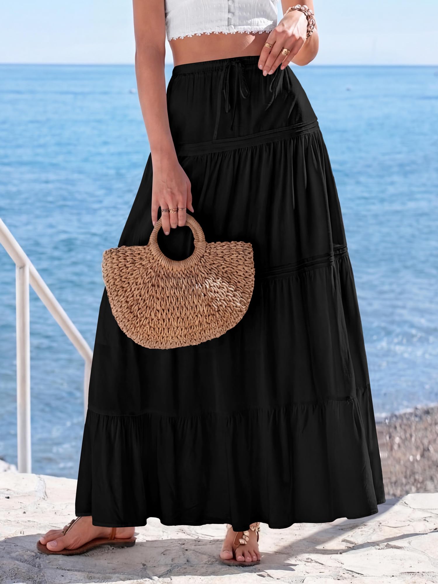 BTFBM Spring Skirts for Women Summer Boho Beach Vacation Clothes Casual Pleated High Waisted Flowy Maxi Skirt