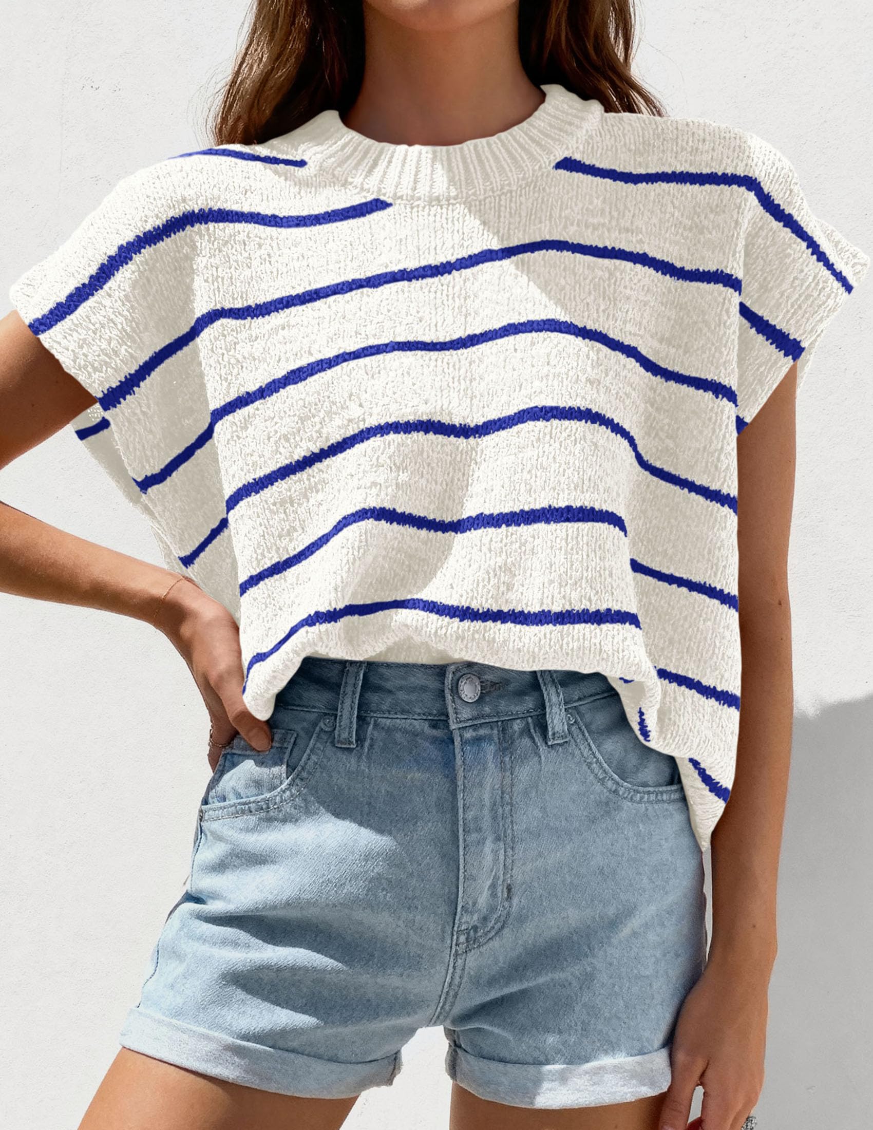 PRETTYGARDEN Womens Summer Short Sleeve Tops Trendy Crew Neck Striped Knit Sweater Business Casual Spring Clothes