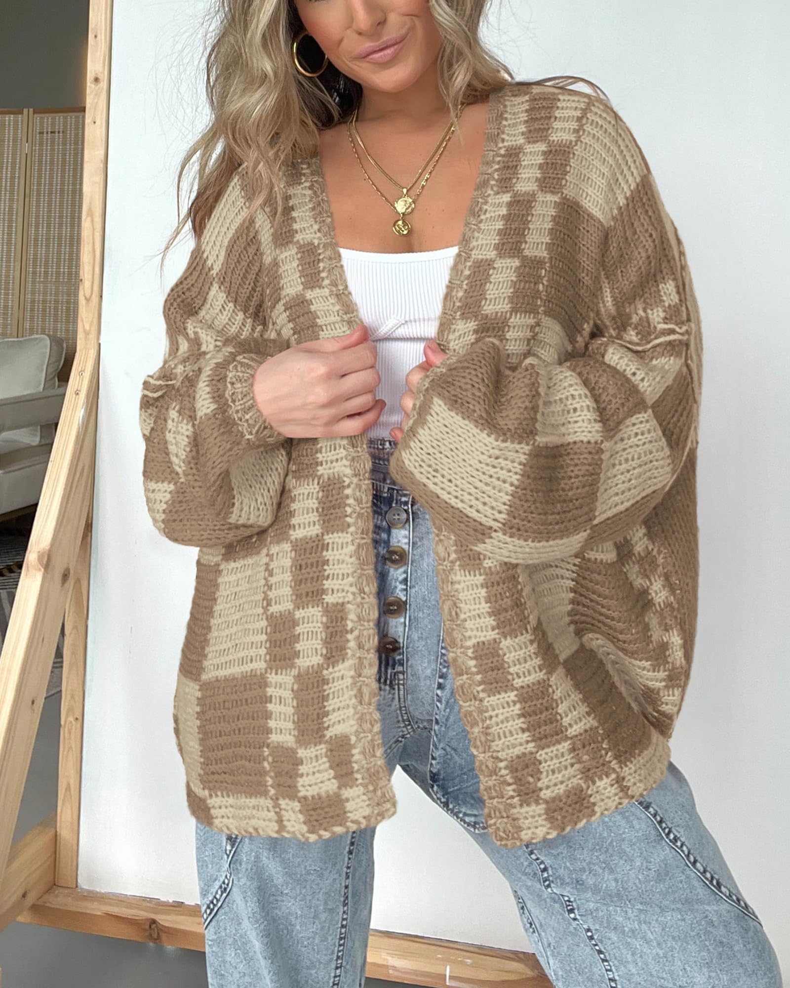 FreshPretty Casual Cardigan Sweater for Women Fall Long Sleeve Open Front Chunky Knit Sweaters Checkered Outwear Coat