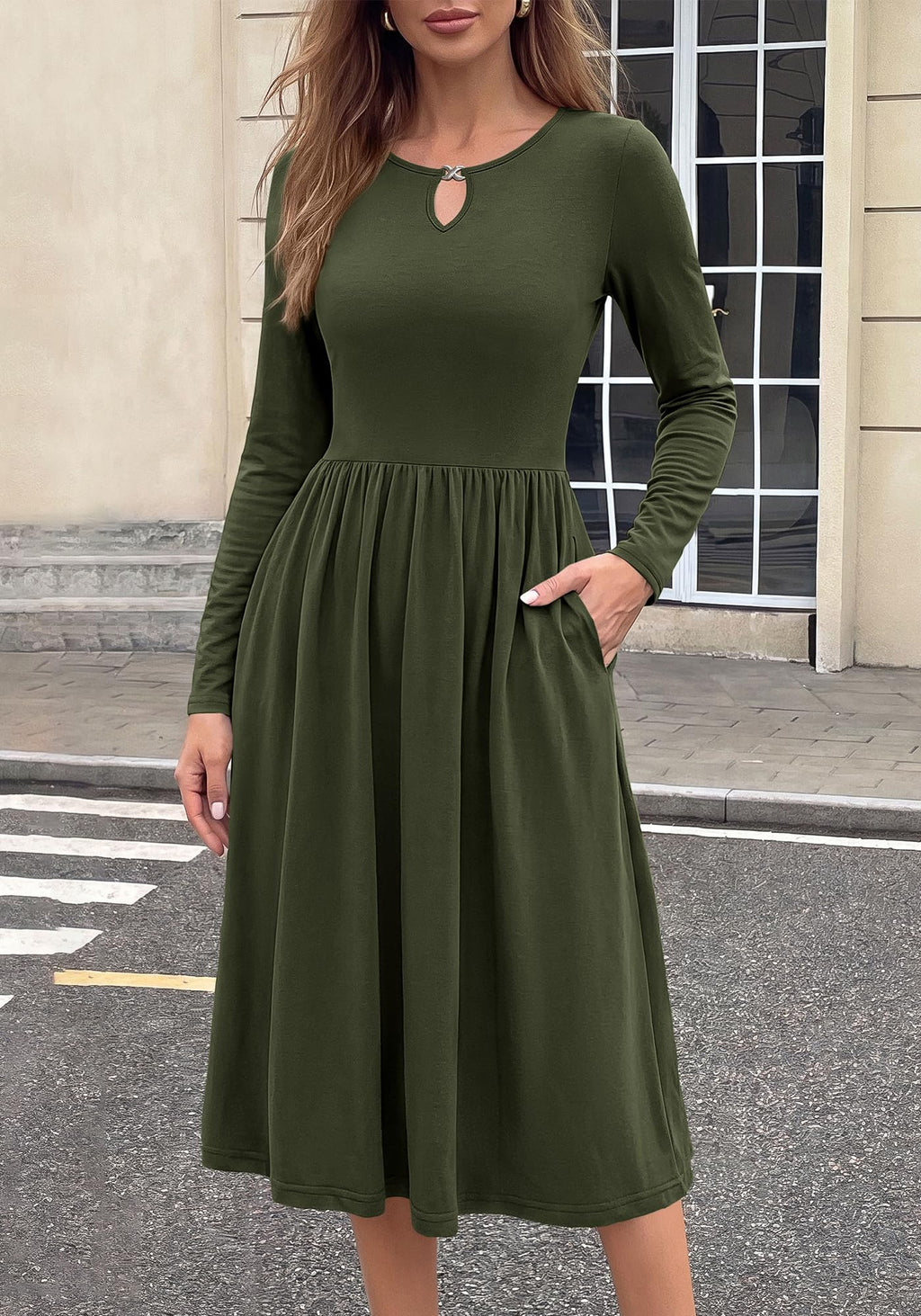 FreshPretty Fall Dresses for Women Midi Empire Waist Long Sleeve Dress,Lightweight Soft Knit,Flowy A Line Keyhole Crewneck Pleated Business Casual Teacher Outfits,Dressy Wedding Daily With Pockets