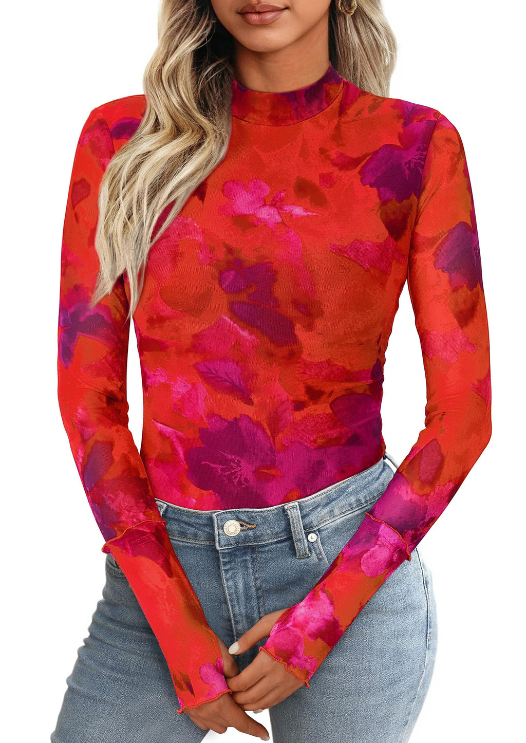 PRETTYGARDEN Womens Fall Mesh Floral Blouses Long Sleeve Going Out Tops Slim Fitted Shirts Date Night Outfits