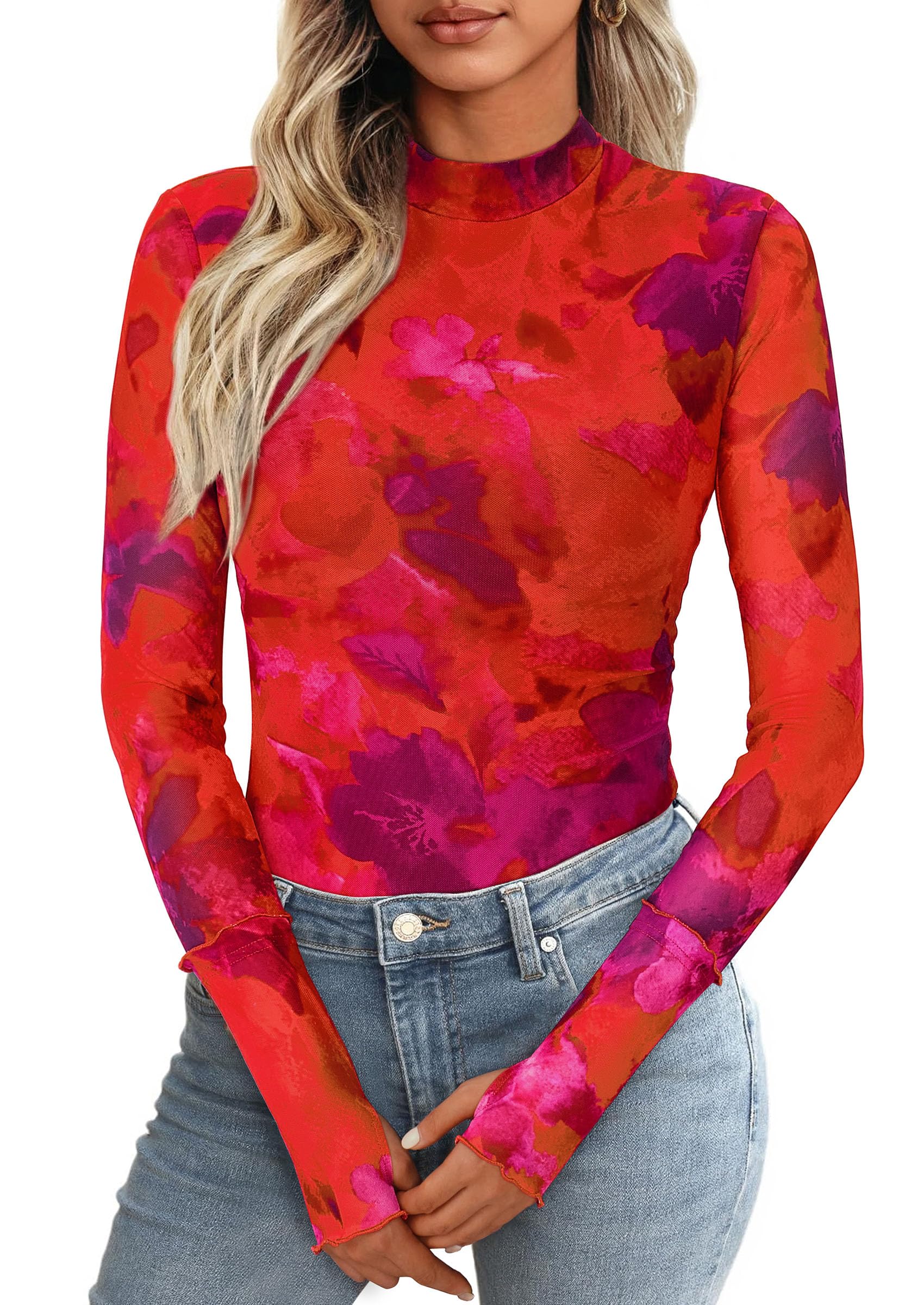 PRETTYGARDEN Womens Fall Mesh Floral Blouses Long Sleeve Going Out Tops Slim Fitted Shirts Date Night Outfits