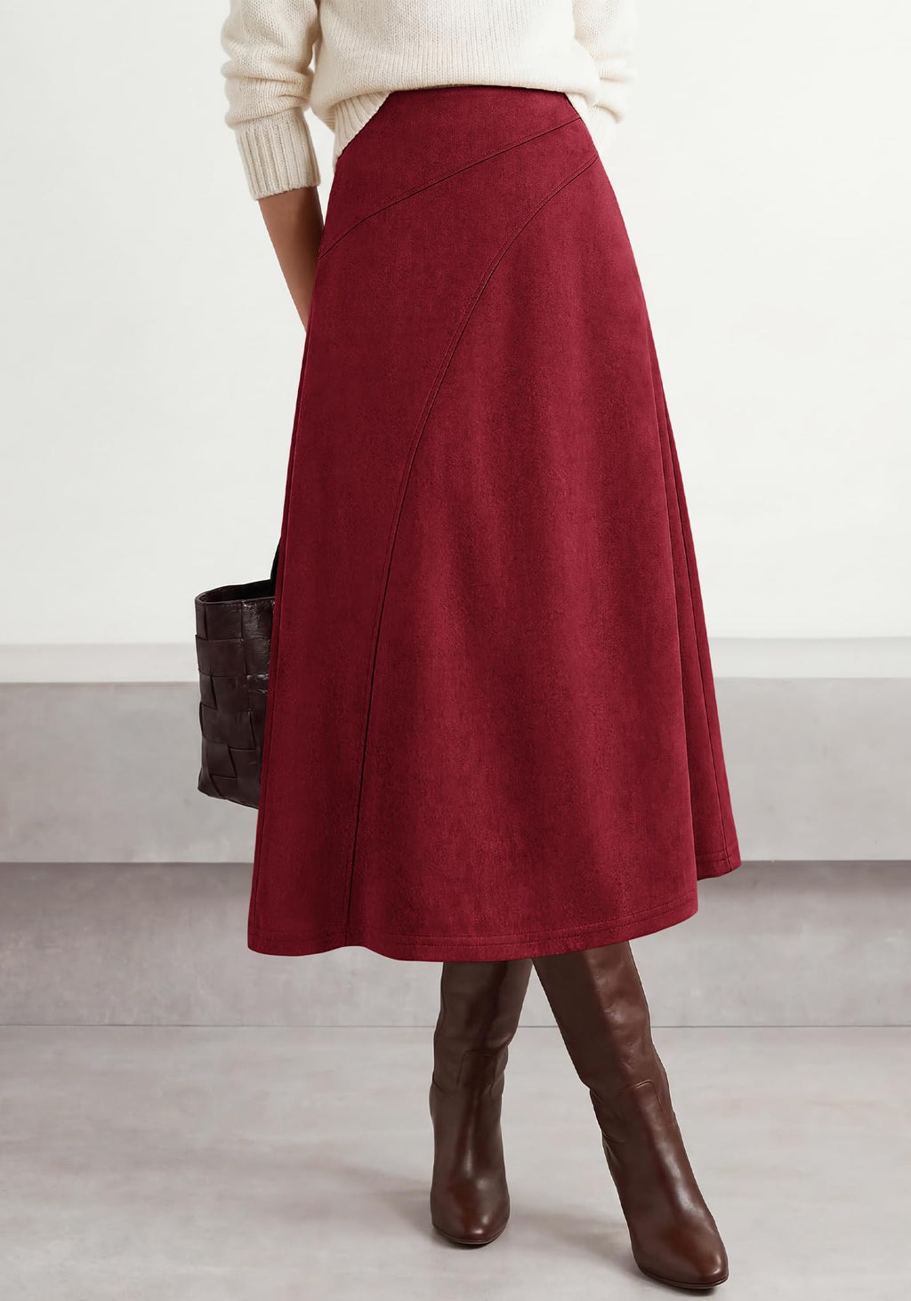 BTFBM Women Faux Suede Midi Long Skirt Fall Fashion | High Waisted Skirts For Women Trendy, Lightweight, Back Elastic, Arc Line Design, A-Line, Winter Dress, Boho Western Outfits