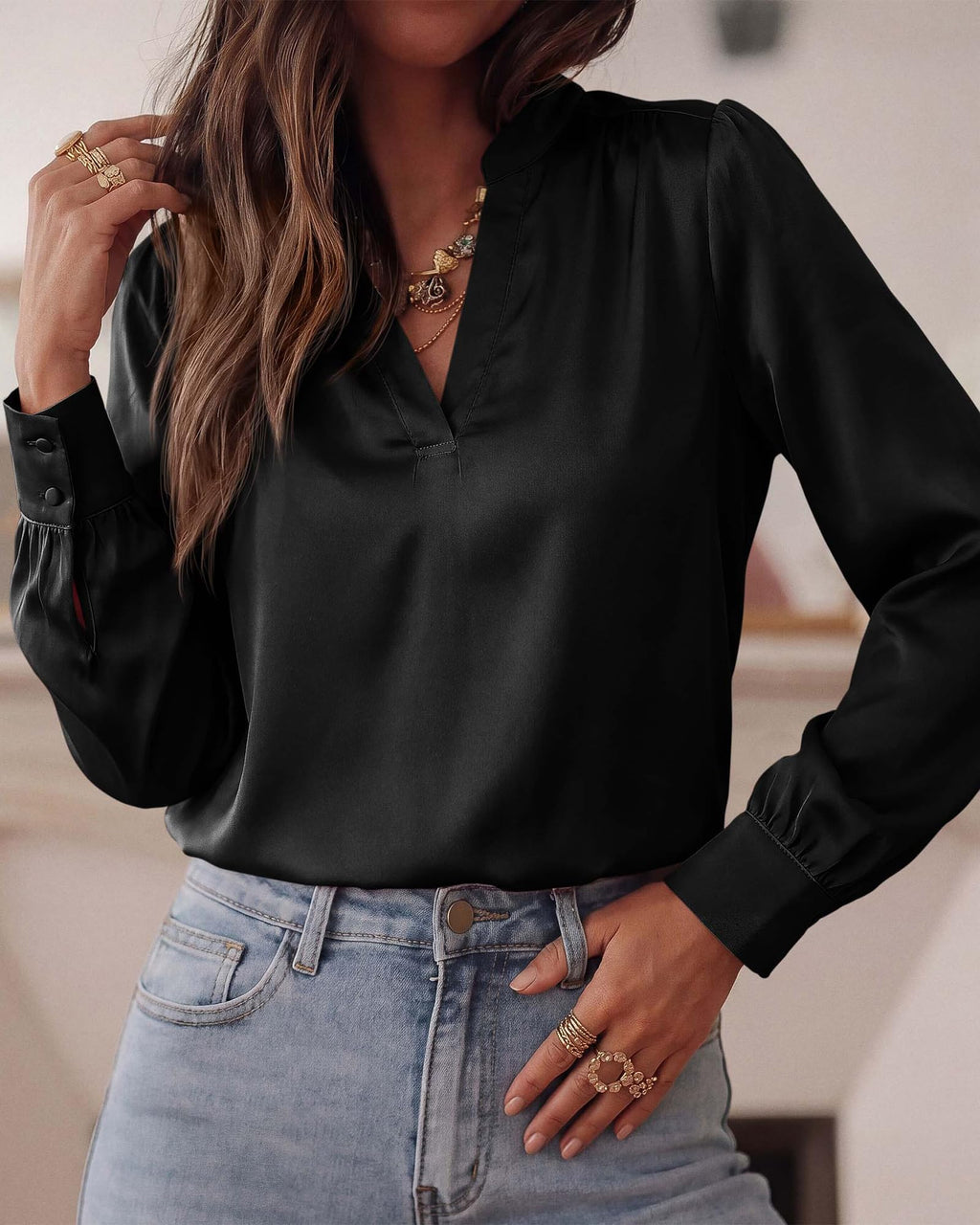 BTFBM Satin Blouses for Women Dressy Casual | Lightweight,V Neck,Long Sleeve Tops,Going Out Outfits,Fall Fashion Clothing