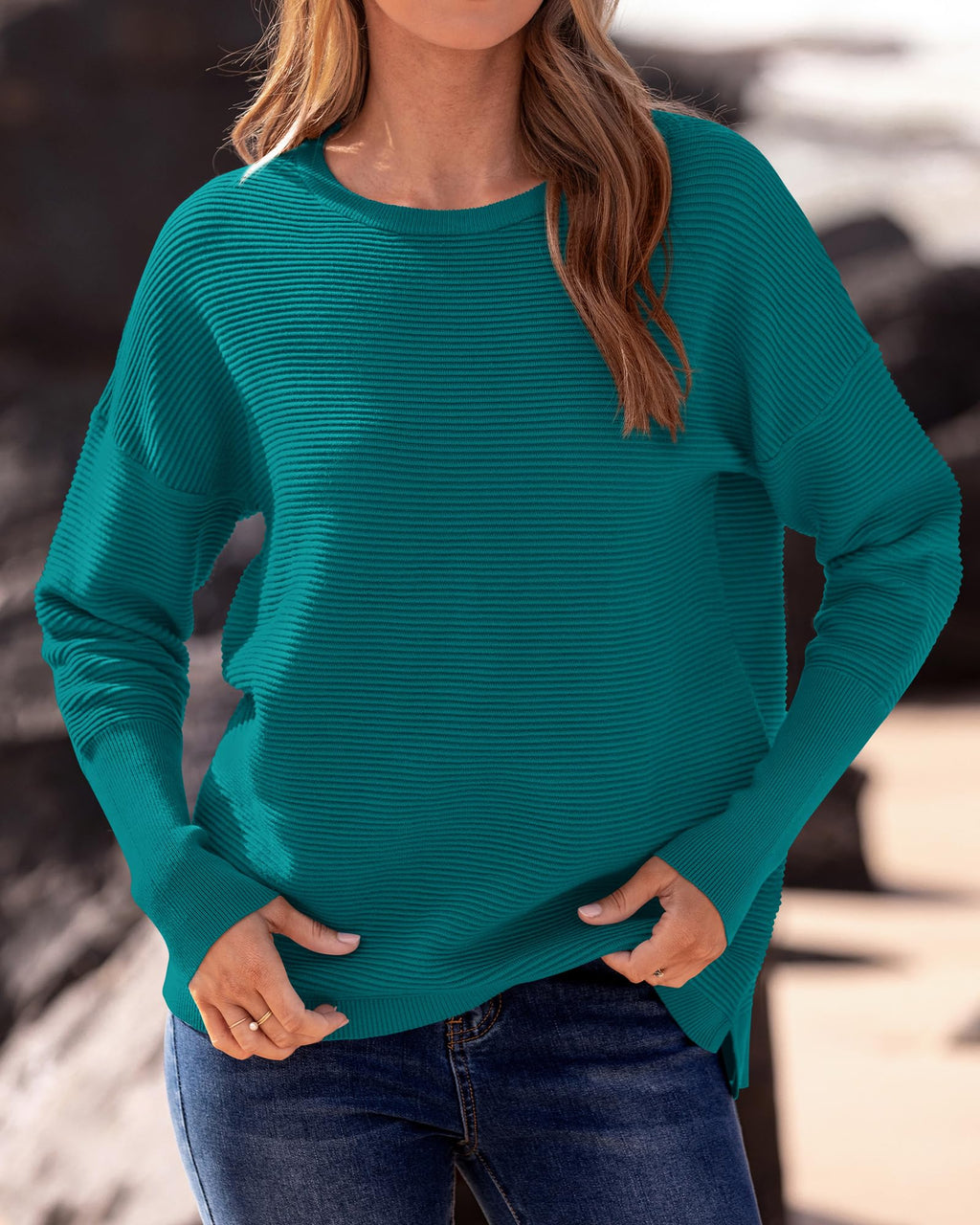 FreshPrettyFall Sweaters for Women Casual Long Sleeve Sweater Striped Loose Fit Pullover Tops