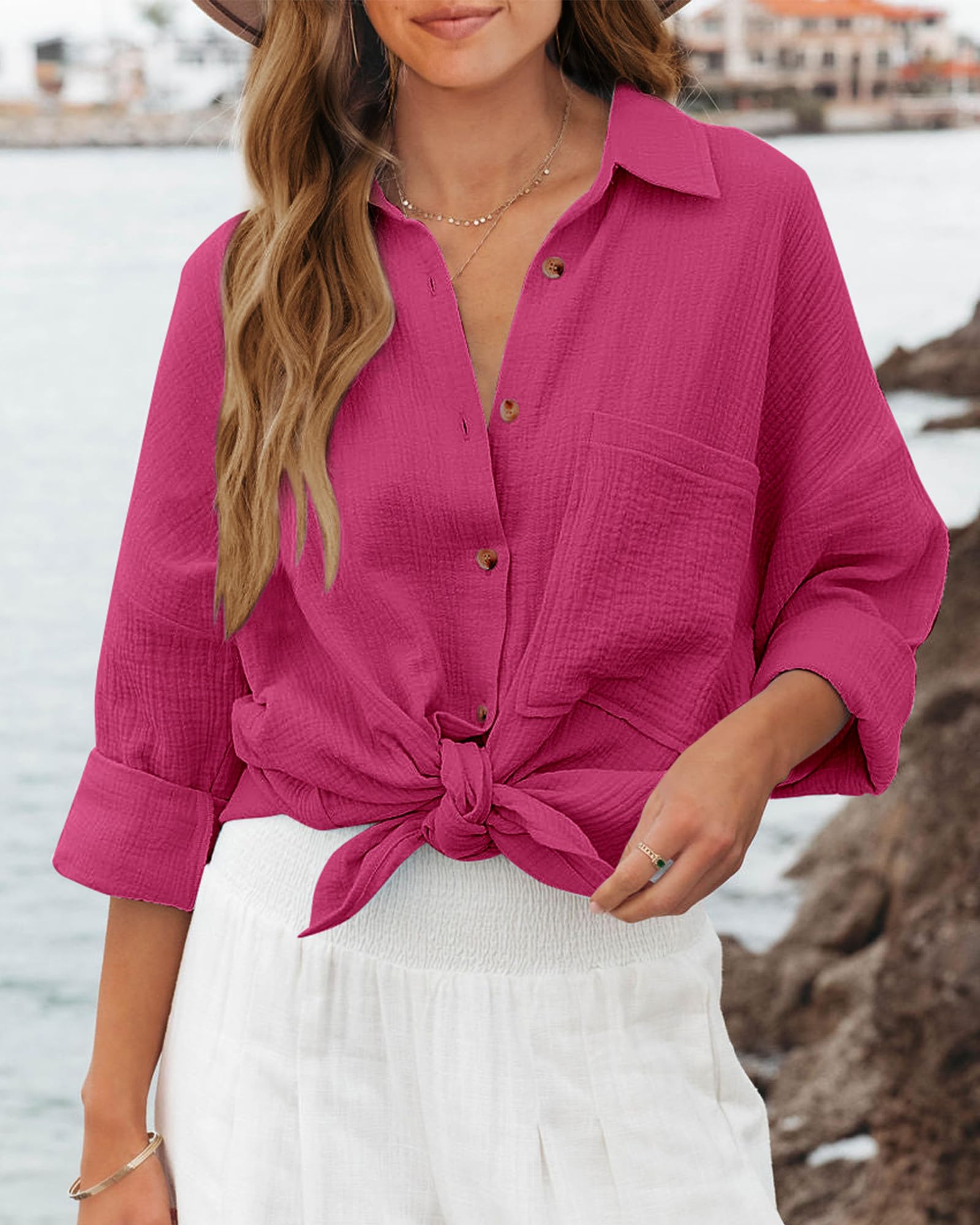 FreshPretty Casual Shirts for Women Long Sleeve Button Down Blouses Fall Solid Color Trendy Tops with Pocket