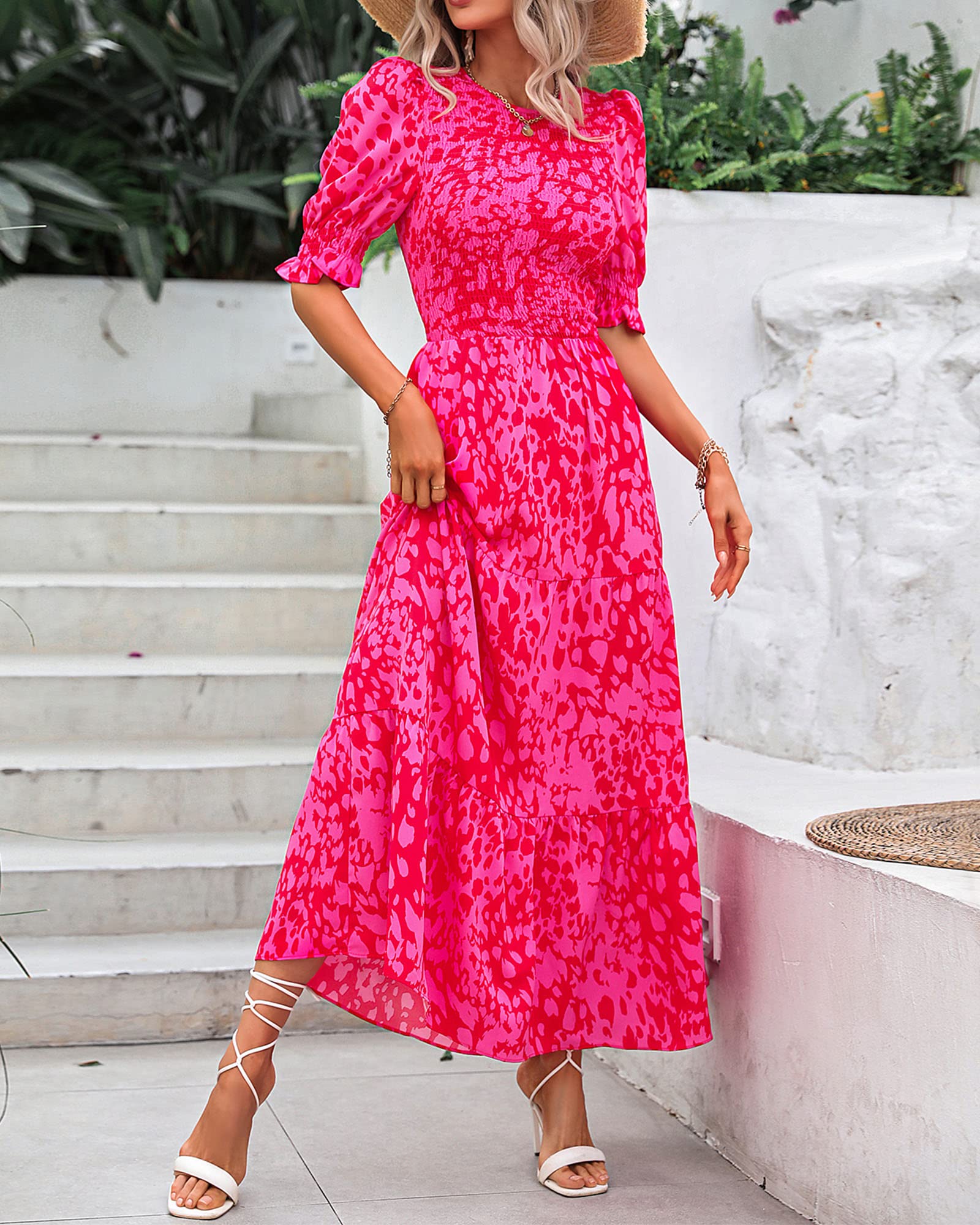 FreshPretty Women Casual Summer Dresses Spring Crew Neck Ruffle Short Sleeve Floral Print Smocked Boho Flowy Maxi Dress