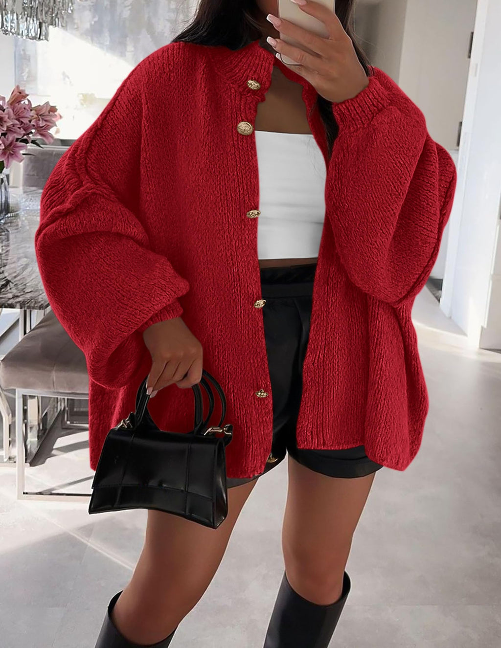 PRETTYGARDEN Women's Winter Button Down Cardigan Sweaters Mock Neck Lantern Long Sleeve Chunky Knit Jacket Trendy Outerwear