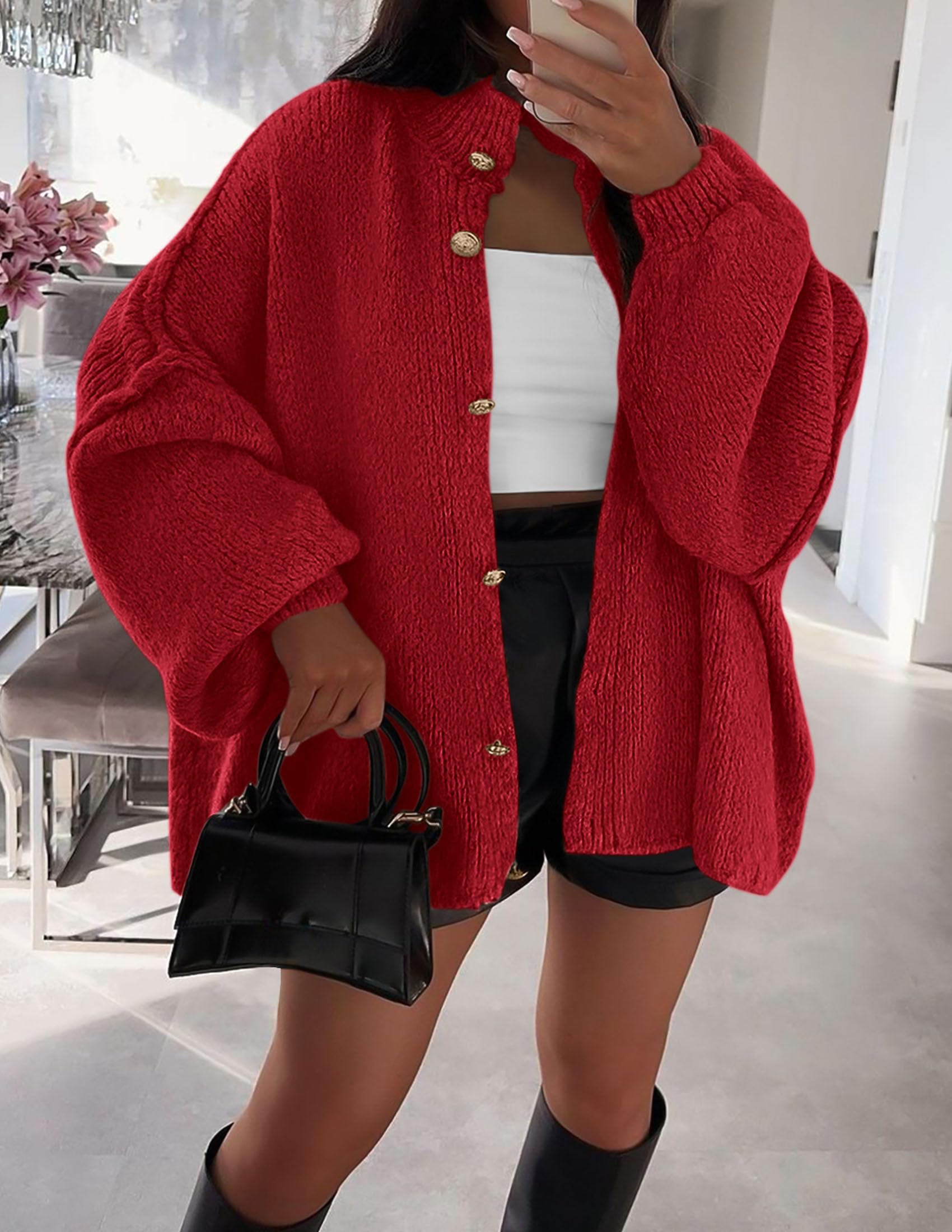 PRETTYGARDEN Women's Winter Button Down Cardigan Sweaters Mock Neck Lantern Long Sleeve Chunky Knit Jacket Trendy Outerwear