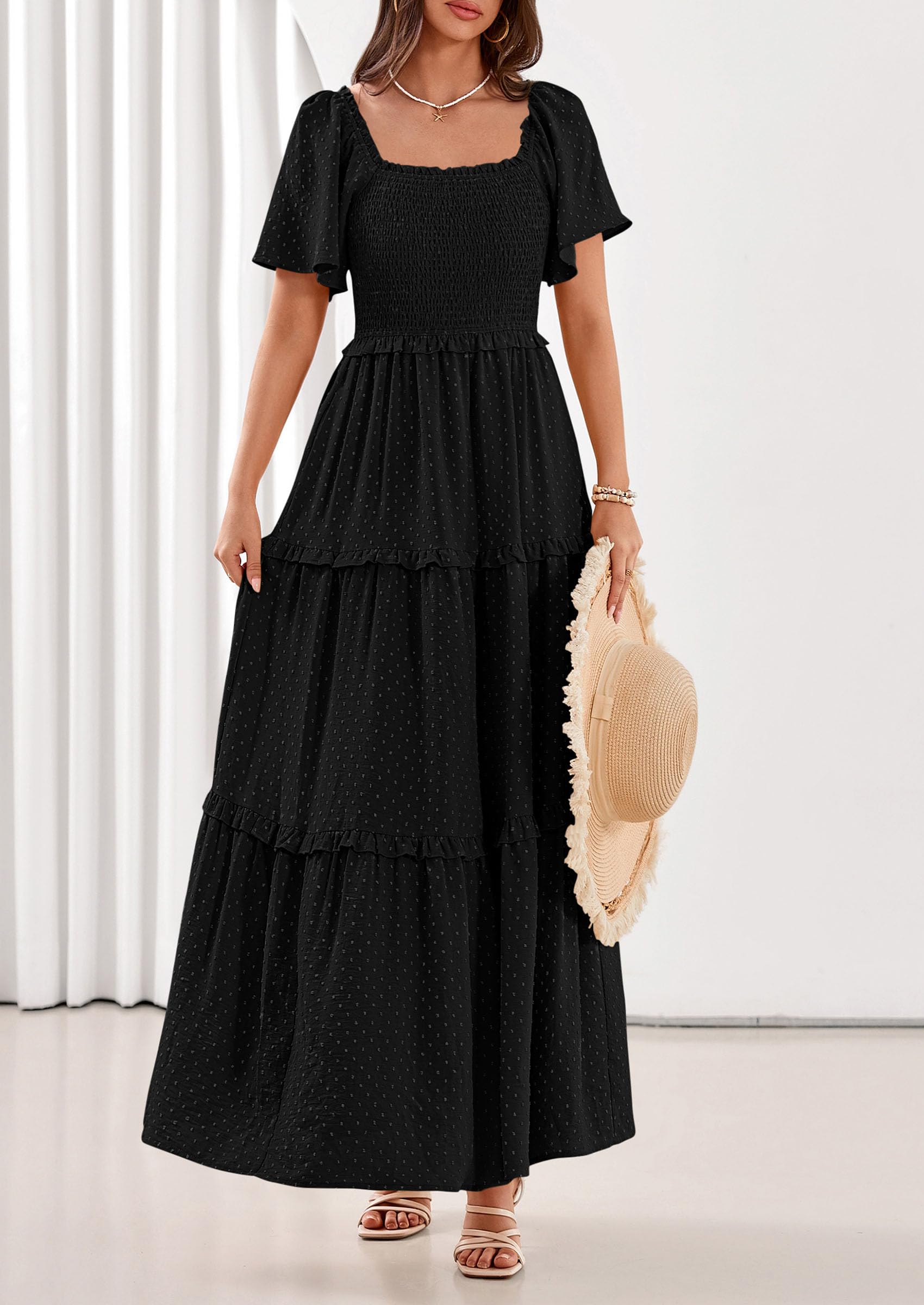PRETTYGARDEN Summer Dresses for Women Boho Swiss Dot Smocked Square Neck Short Sleeve Spring Wedding Guest Maxi Dress
