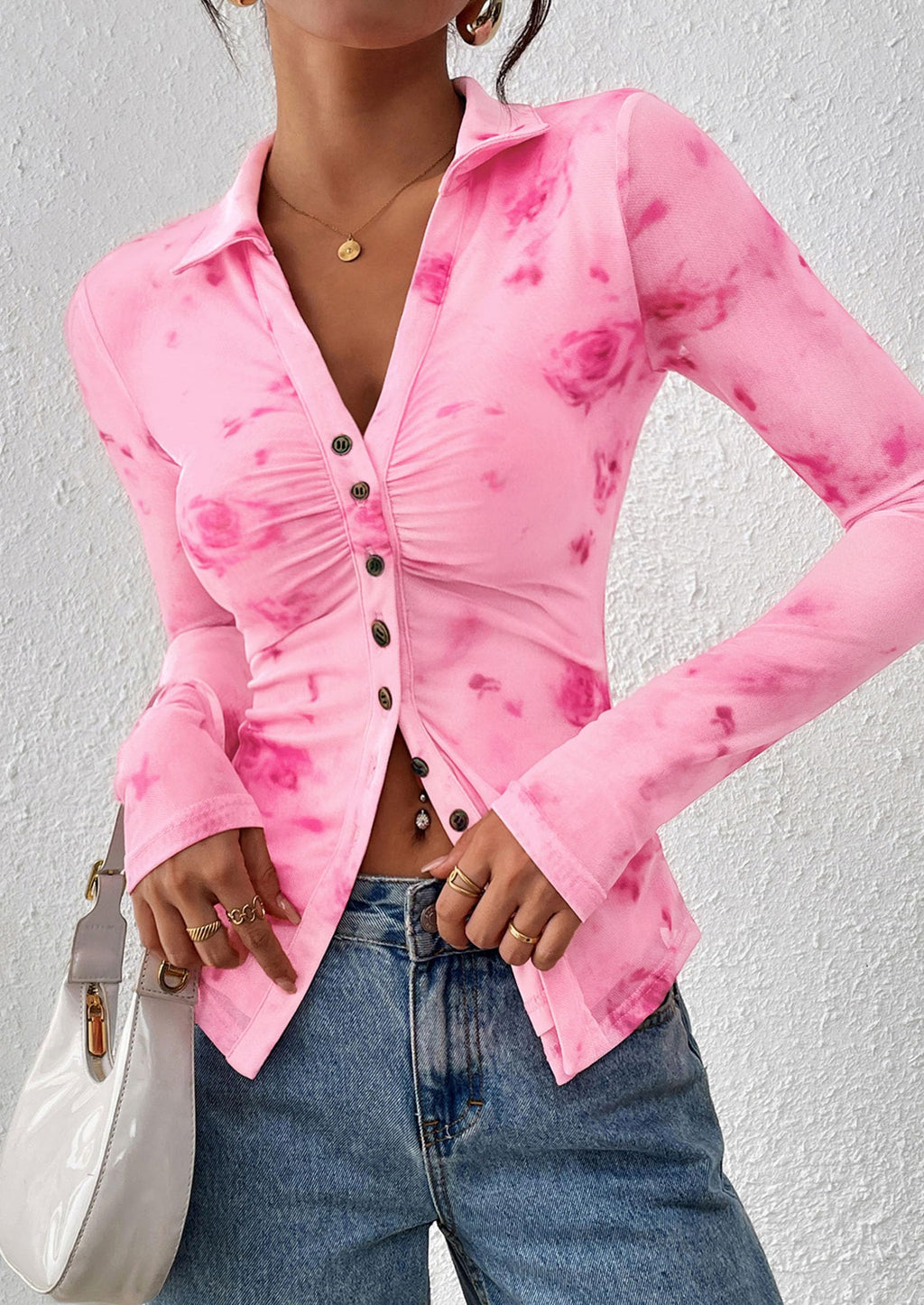 PRETTYGARDEN Women Button Down Floral Shirts Fall Trendy Long Sleeve V Neck Mesh Boho Blouse Spring Tops Date Outfits