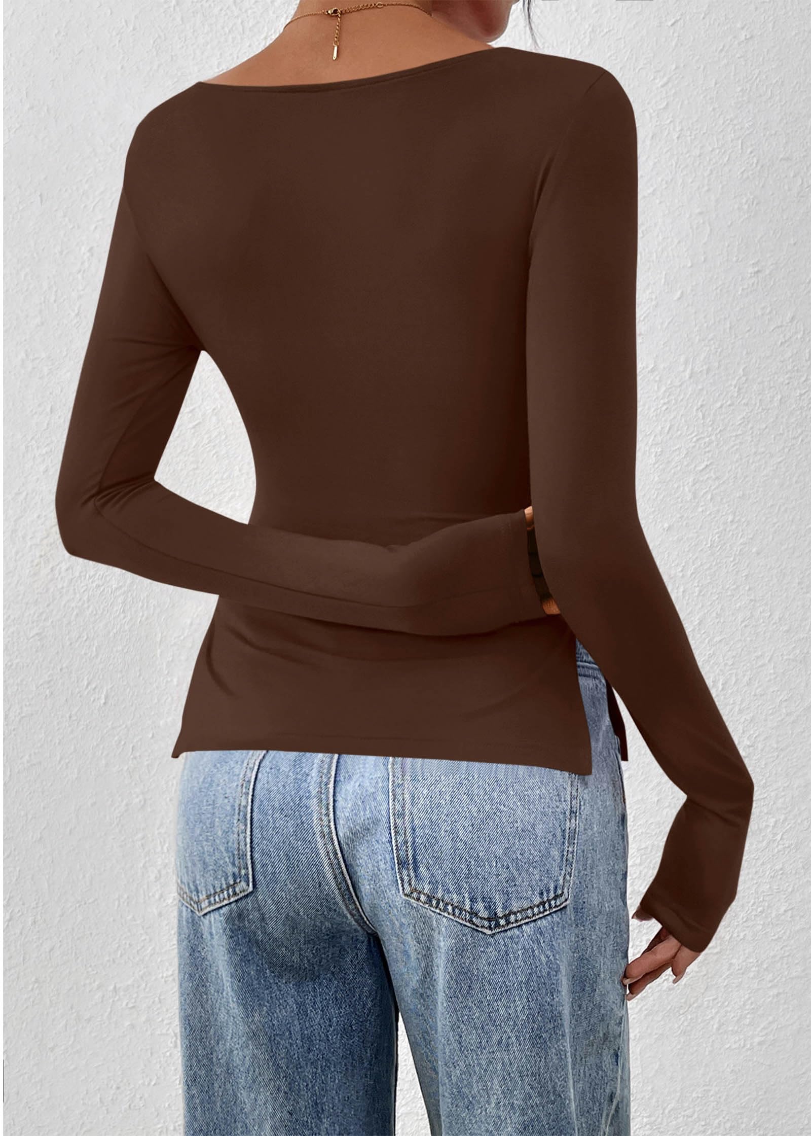FreshPretty Long Sleeve Shirts for Women Fall Casual Boat Neck Knit Workout Going Out Tops Fitted Side Slit Basic Tees