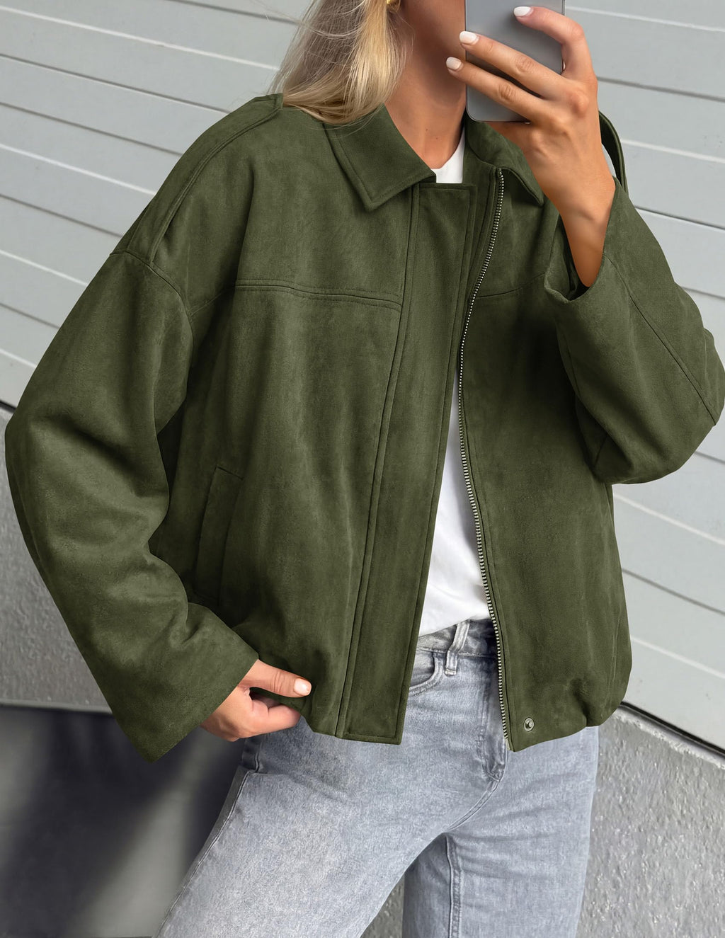 PRETTYGARDEN Women's Faux Suede Cropped Bomber Jacket | Long Sleeve Zip Up Casual Going Out Jackets Coat, Oversized Loose Fit Western Outfits, Trendy Outerwear, Fall Clothes