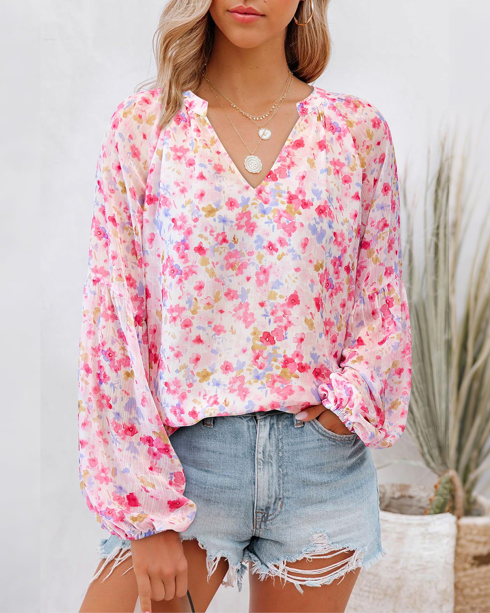 FreshPretty Blouses for Women Floral Boho Tops V Neck Lightweight Long Sleeve Shirts Fall Dressy Casual Vacation Outfits