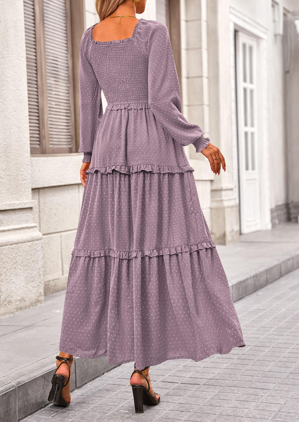 PRETTYGARDEN Fall Dresses for Women Long Sleeve Smocked Square Neck Swiss Dot Tiered Flowy Wedding Guest Maxi Dress