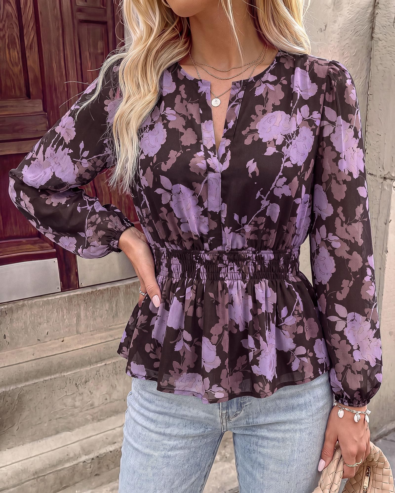 BTFBM Womens Tops Dressy Casual Floral V Neck Long Sleeve Chiffon Shirts | Chiffon Lantern Sleeve Flowy Peplum Sheer Top,Elastic Waist Babydoll Blouses,Boho Vacation Outfits,Fall Fashion Clothing