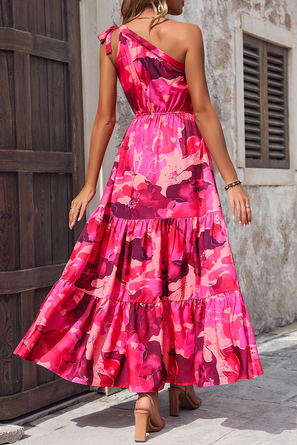 PRETTYGARDEN Women's Summer Floral One Shoulder Maxi Dress Knot Ruffle Boho Beach Vacation Wedding Guest Long Sun Dresses