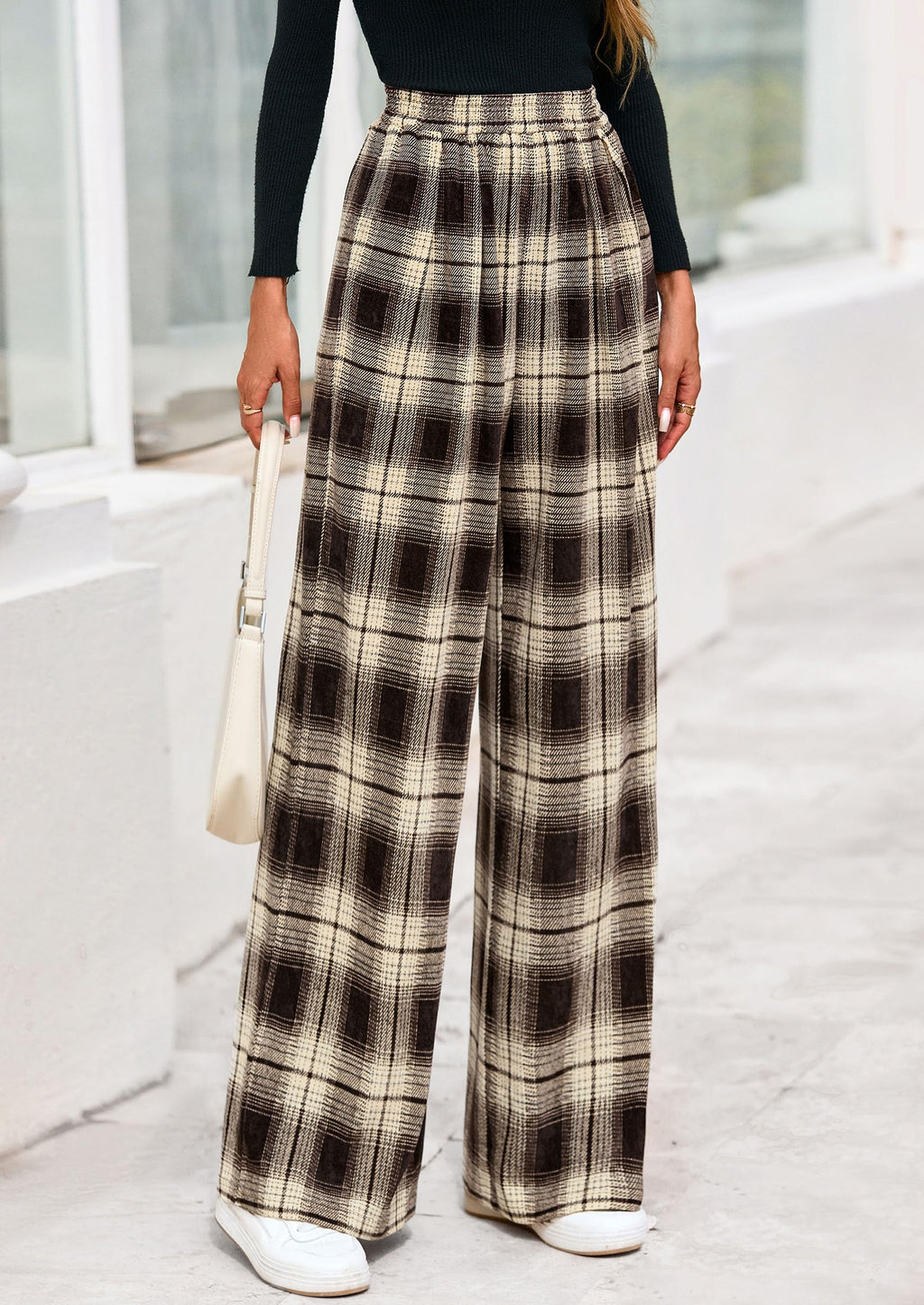 PRETTYGARDEN Casual Women's Pants Elastic Waist Palazzo Long Pajama Wide Leg Trousers Knit Fall Outfits with Pockets