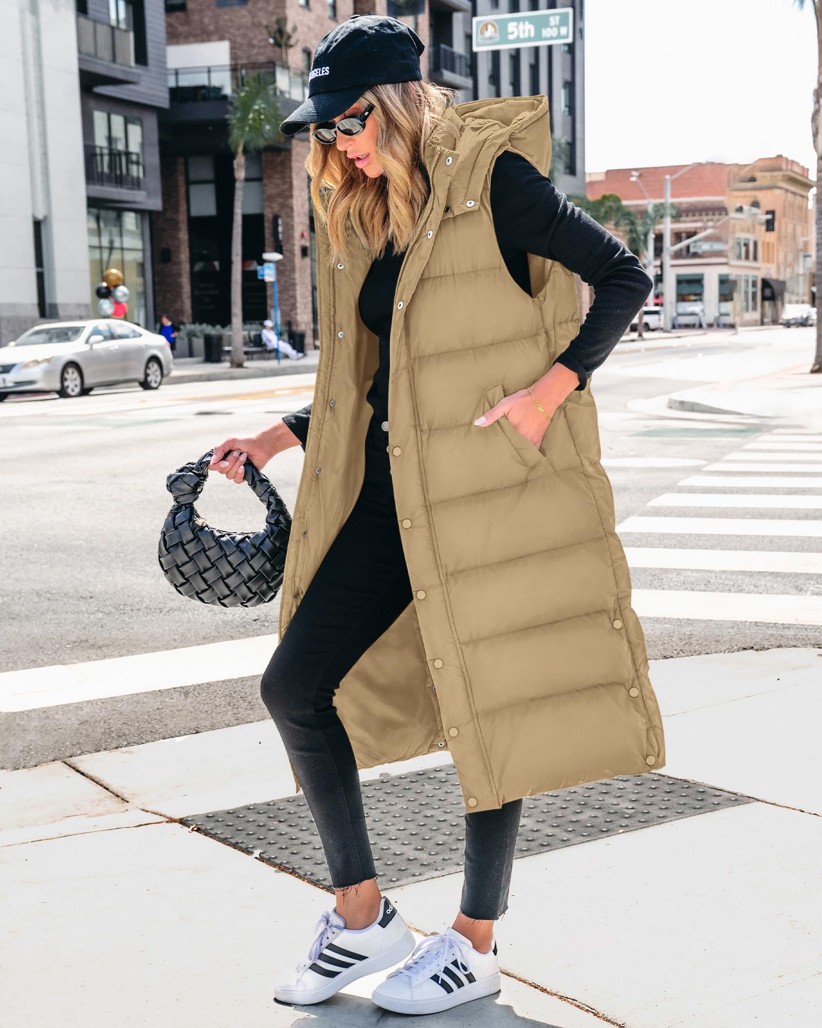 FreshPretty Long Puffer Vest Women Quilted Hooded Button Down Zip Up Sleeveless Vests Outerwear Padded Jacket Fall Winter Coat